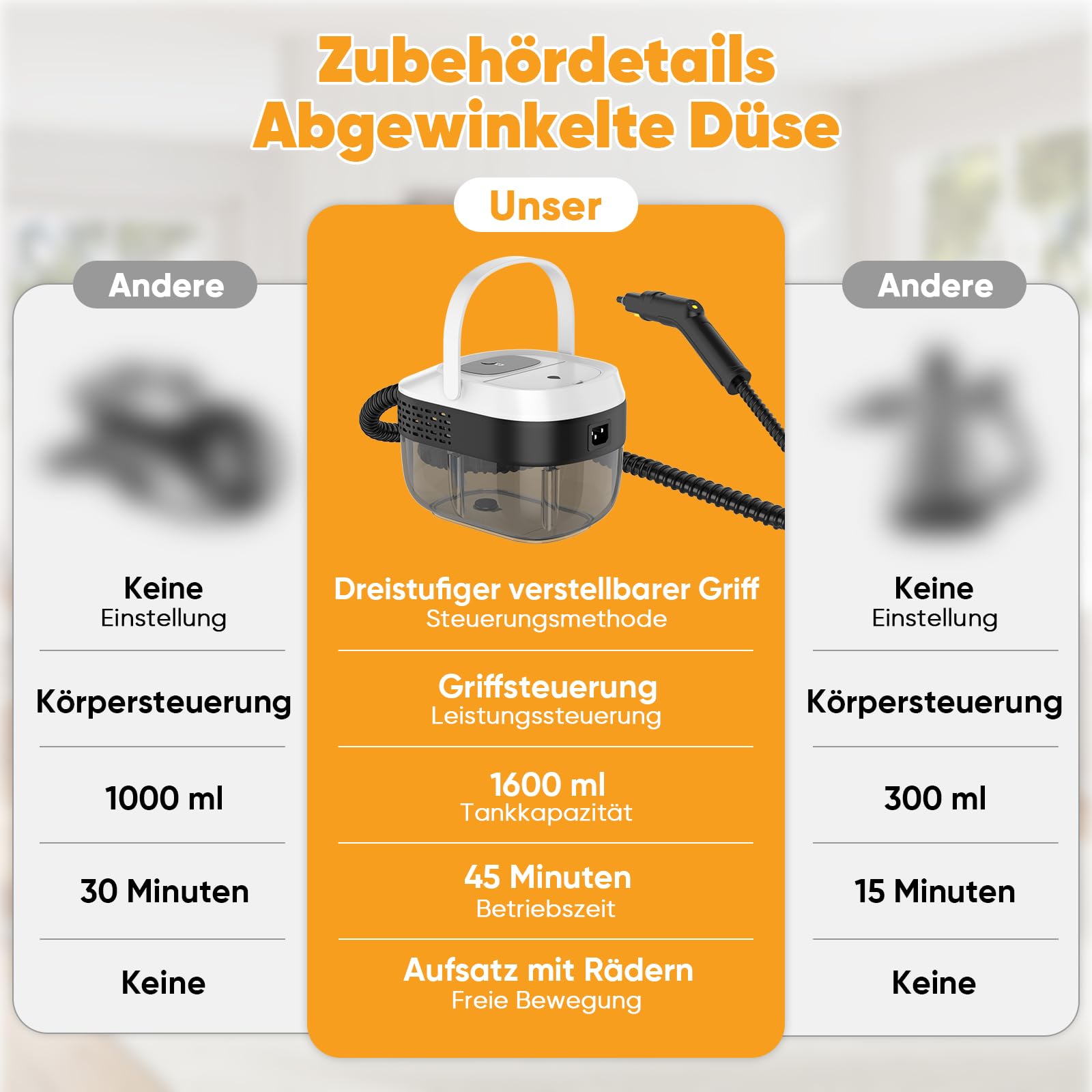 Dampfreiniger Mit 3 Stufig Verstellbarer Griff, Transportwagens, Mop, 1,6 L Wassertank, 15 Sekunden Aufheizzeit, 17 Zubehörteilen, für Boden, Küche, Fenstern,Badezimmern, Autos