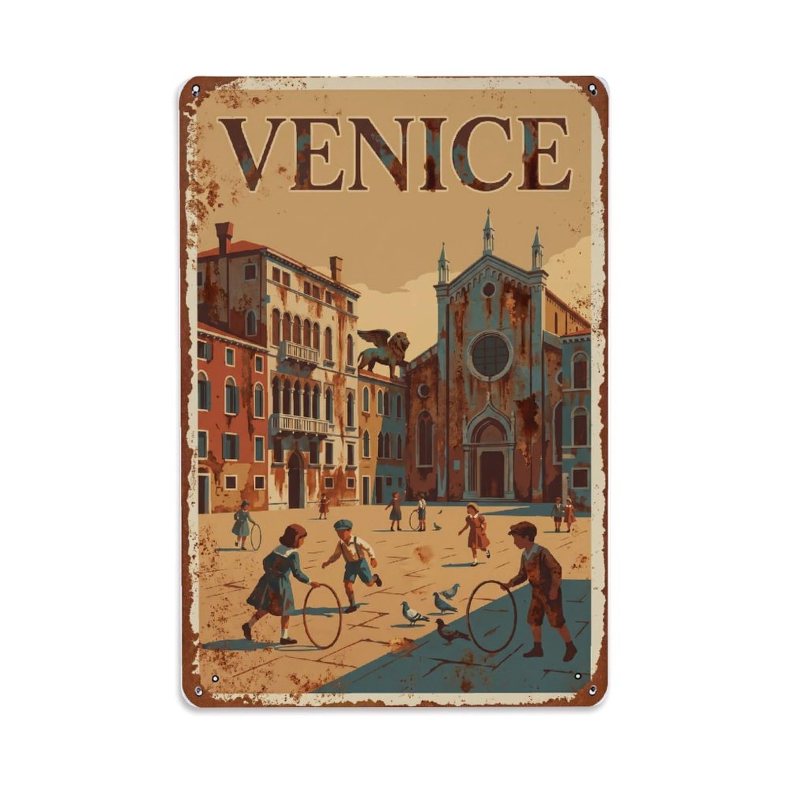 Vintage Travel Venice Campo San Polo Large Square Rusted Italy Metal Tin Sign Plaque Wall Decor for Cafe, Club Bar, Office, Home Garden Metal Poster 8x12Inch