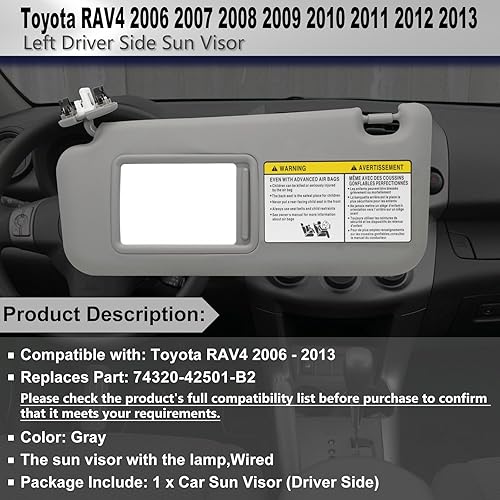Miniatura 2 de Visera solar del lado izquierdo del conductor compatible con Toyota RAV4 2006 2007 2008 2009 2010 2011 2012 2013 con repuesto de luz 74320-42501-B2,