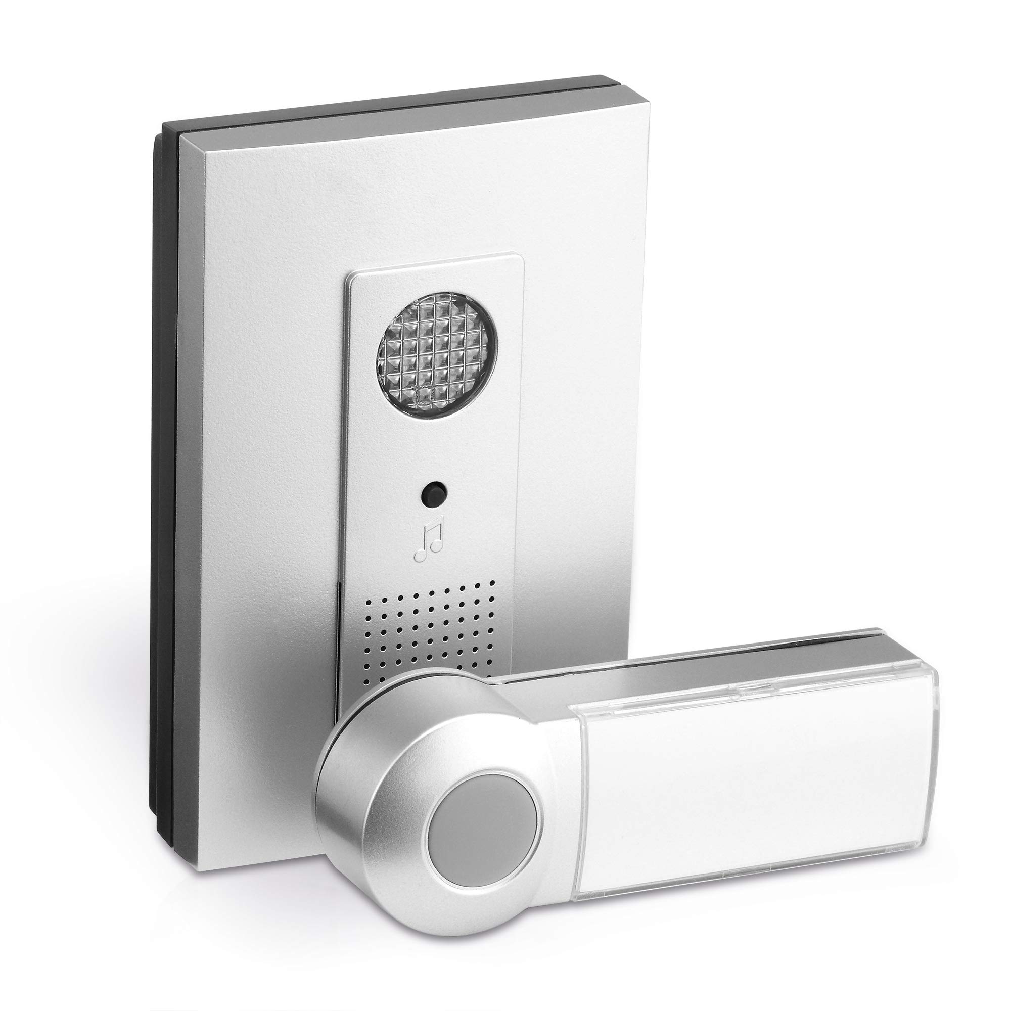 conecto Juego de Timbre inalámbrico, pulsador y Timbre, Alcance de 100 Metros, 16 Tonos de Llamada, inalámbrico, Funciona con Pilas, Plateado