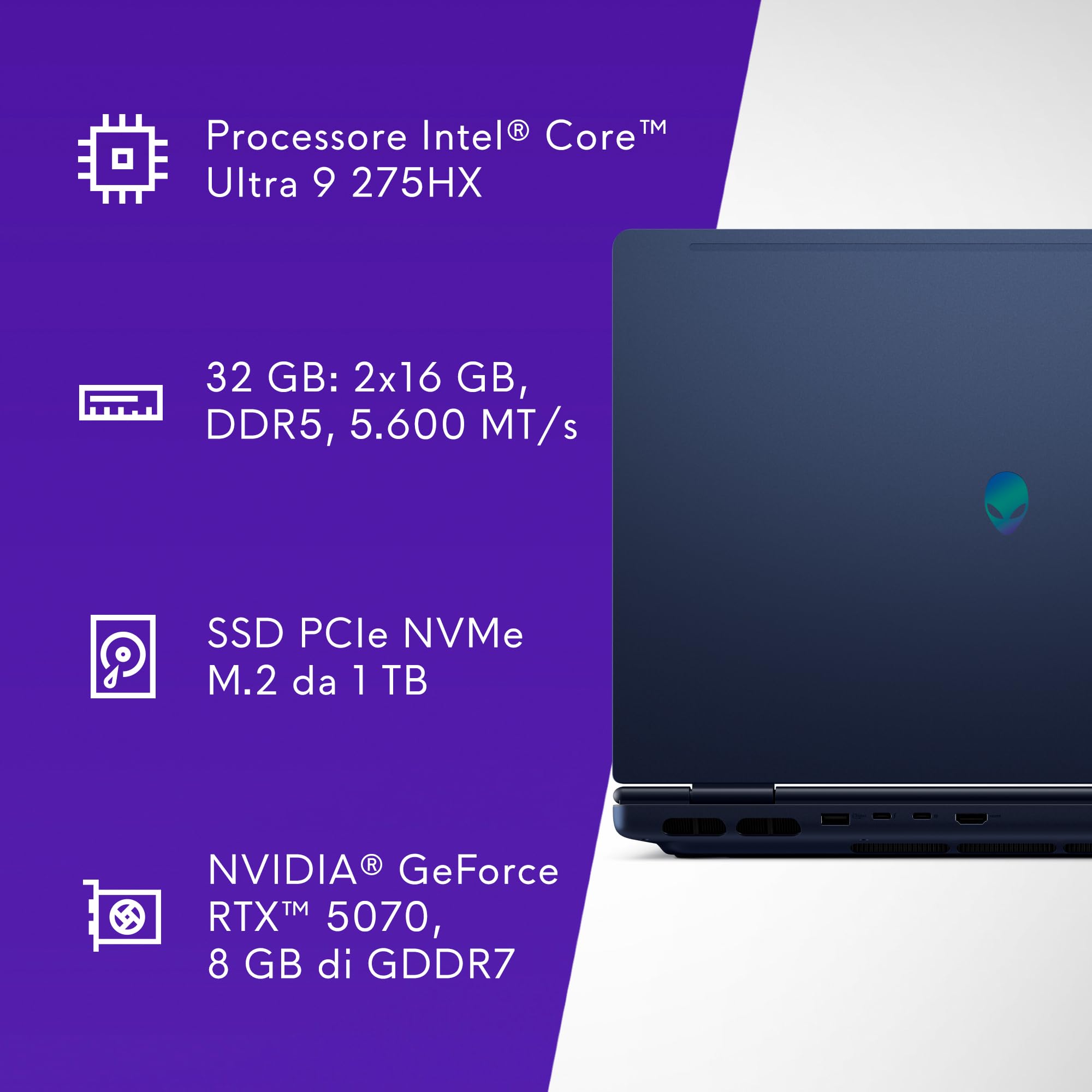 Alienware 16x Aurora Gaming Laptop AC16251 16" WQXGA 240Hz G-Sync Display, Intel Core Ultra 9 275HX Series 2, NVIDIA RTX 5070, 32GB RAM, 1TB SSD, 3 mesi di Game Pass, Win 11 Home, RGB AlienFX QWERTY