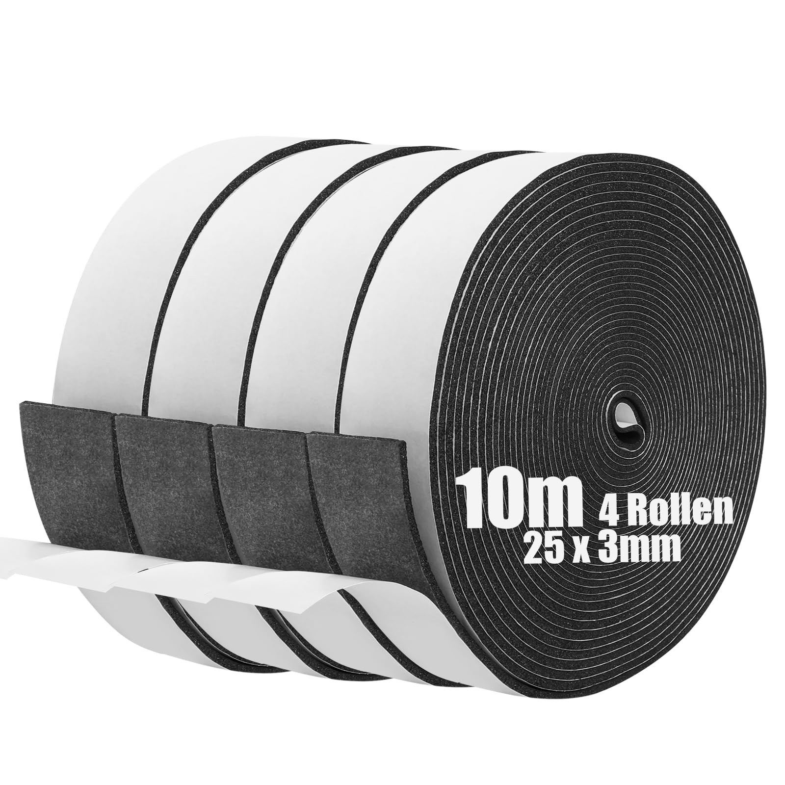 SDLDEER Foam Tape, Self Adhesive Foam Strip 25mm(W) X 3mm(T) X 10m(L) Weather Stripping Door Seal Strip, Draft Excluder for Windows Door, Anti-Collision, Weatherproof, Window Soundproofing(4 Rolls)