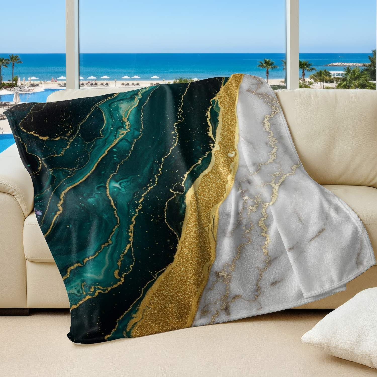 Plaid marbre doré fluide haut de gamme jeté de lit design luxe 150 x 200 cm