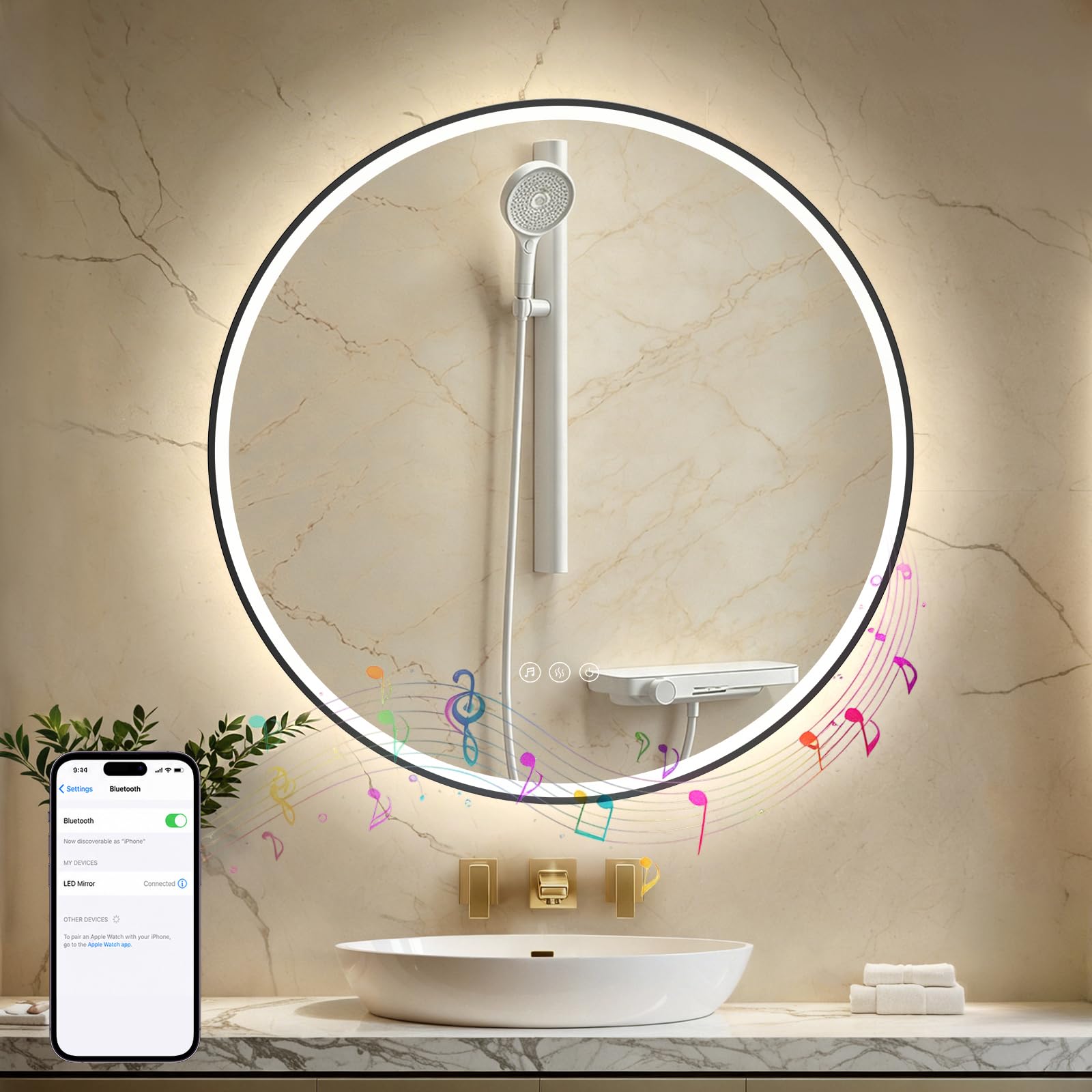 Bathroom Mirror with LED Lights 60x60cm: Round LED Bathroom Mirror with Bluetooth, Anti-Fog, Touch Sensor, 3 Colors Dimmable, Memory Function Illuminated Bathroom Wall Mirror Black Metal Frame
