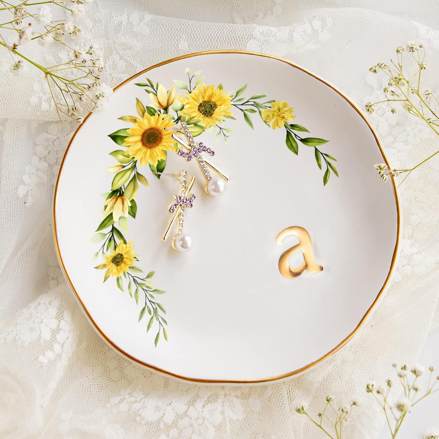 Ceramic Jewelry Tray Ring Dish | Wildflower Gold Foil Design | Trinket & Key Holder | Gift Boxed