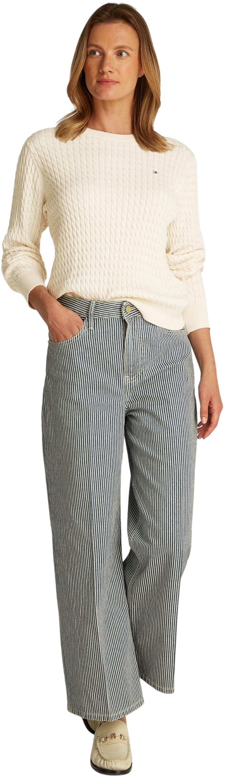 TOMMY HILFIGER Damski sweter CO Cable C-NK LS WW0WW44993, Beżowy (płatek kości słoniowej wrzosowej), L