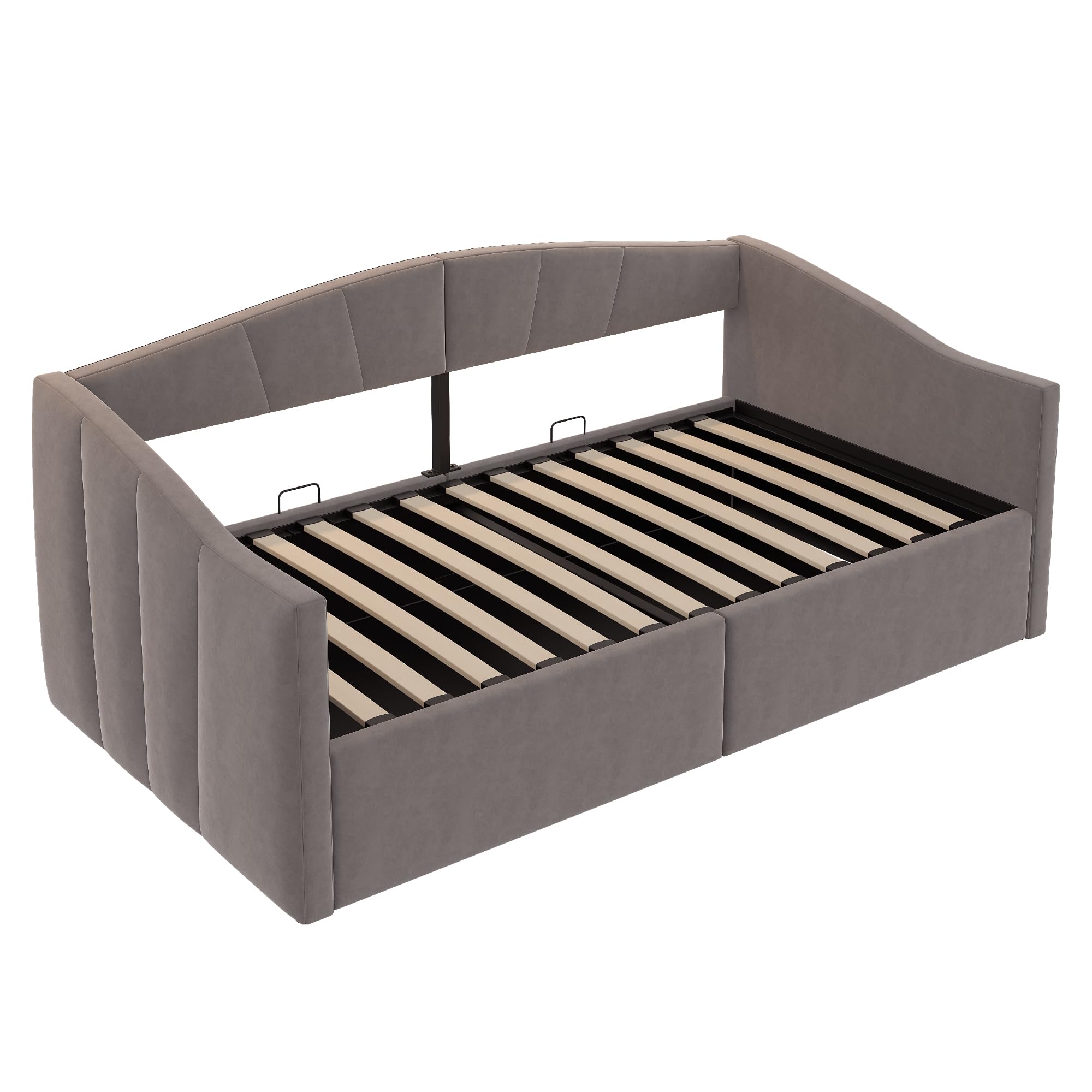 Schlafsofa Tagesbett 90x200 cm mit Hydraulischer Stauraum, Schlafcouch Bettgestell mit Lattenrost und Armlehnen, Sofabett mit Klassisch Gestreift, Samt, Grau, Ohne Matratze