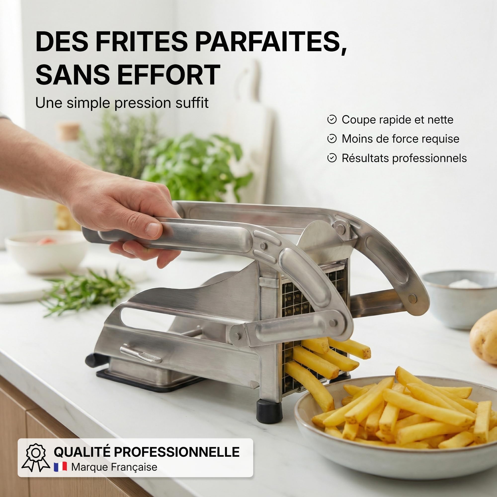 La Bonne Graine - Coupe-frites inox ventouse, frites maison 9-12mm | Frites maison en un geste ; fixation ventouse, inox résistant, 2 grilles 9x9/12x12mm, marque française ; lave-vaisselle