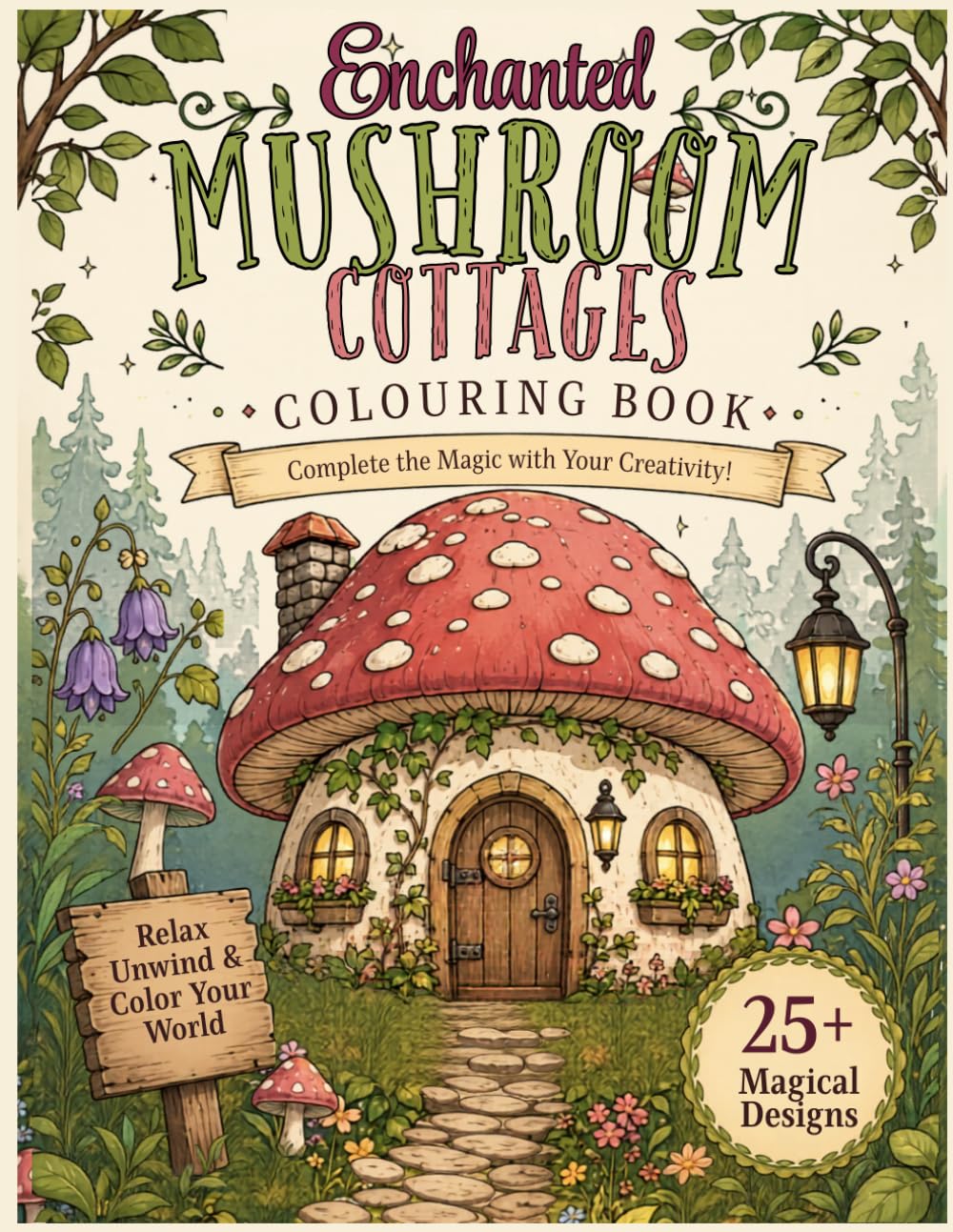 Enchanted Mushroom Cottages Colouring Book: 25+ Magical Mushroom Cottage Designs for Relaxation and Stress Relief