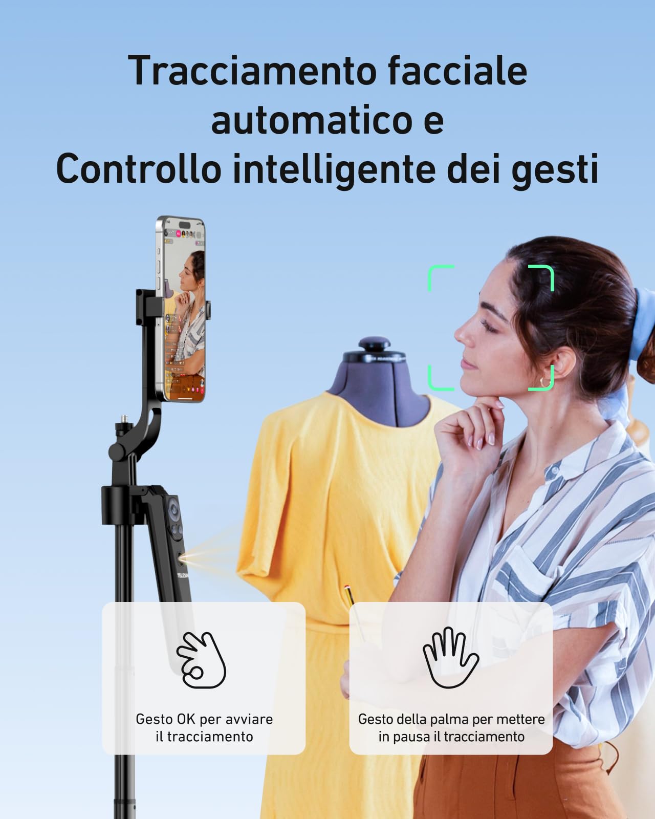 TELESIN 160CM Automatico Volto Tracciamento Treppiede, 360° Rotazione Selfie Stick Treppiede con Telecomando e Gestuale, Senza App, Compatibile con Phones/Action Camera/Cameras per Vlog/Video/Stream