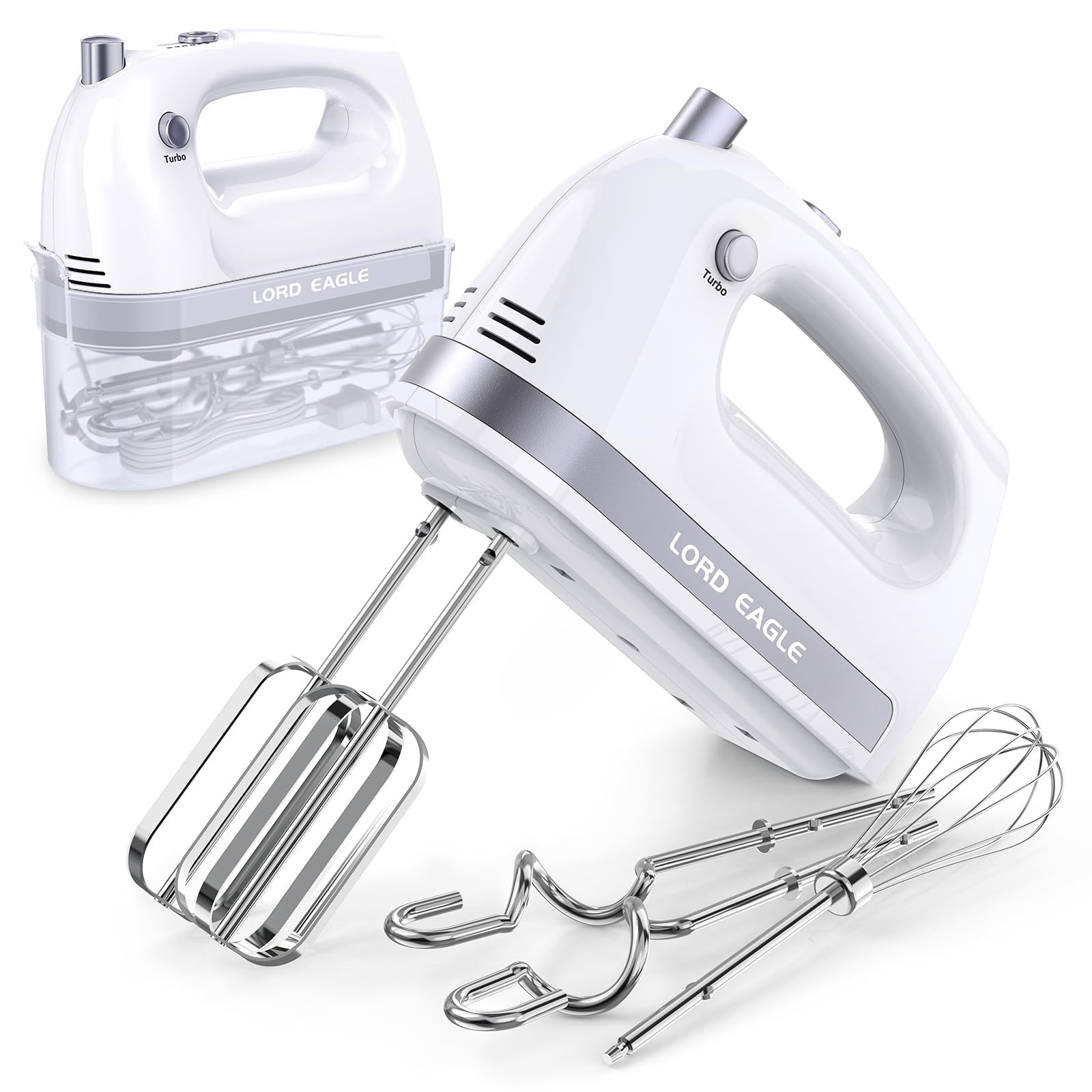 Lord Eagle Hand Mixer Electric Whisk, 400W Power Handheld Mixer for Baking Cake Egg Cream Food Beater, Turbo Boost/Self-Control Speed + 5 Speed + Eject Button + 5 AccessoriesLord Eagle Hand Mixer Electric Whisk, 400W Pow…