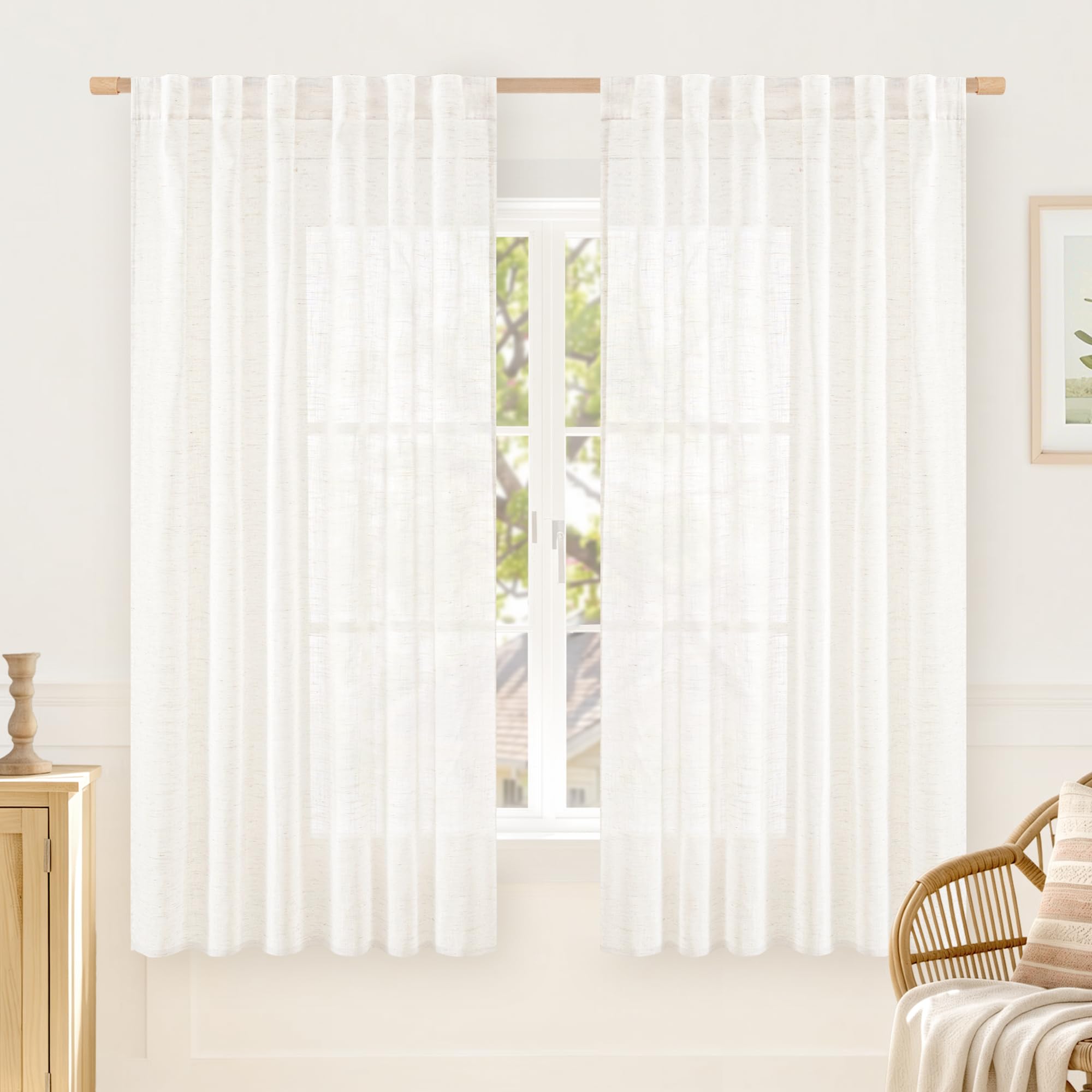 LAMIT Natural Linen Semi Sheer Curtains 84 Inches Long 2 Panels, Living Room Linen Textured Light Filtering Drapes Back Tab and Rod Pocket Neutral Window Panels for Bedroom/Sliding Door, 52 x 84 Inch — view 37