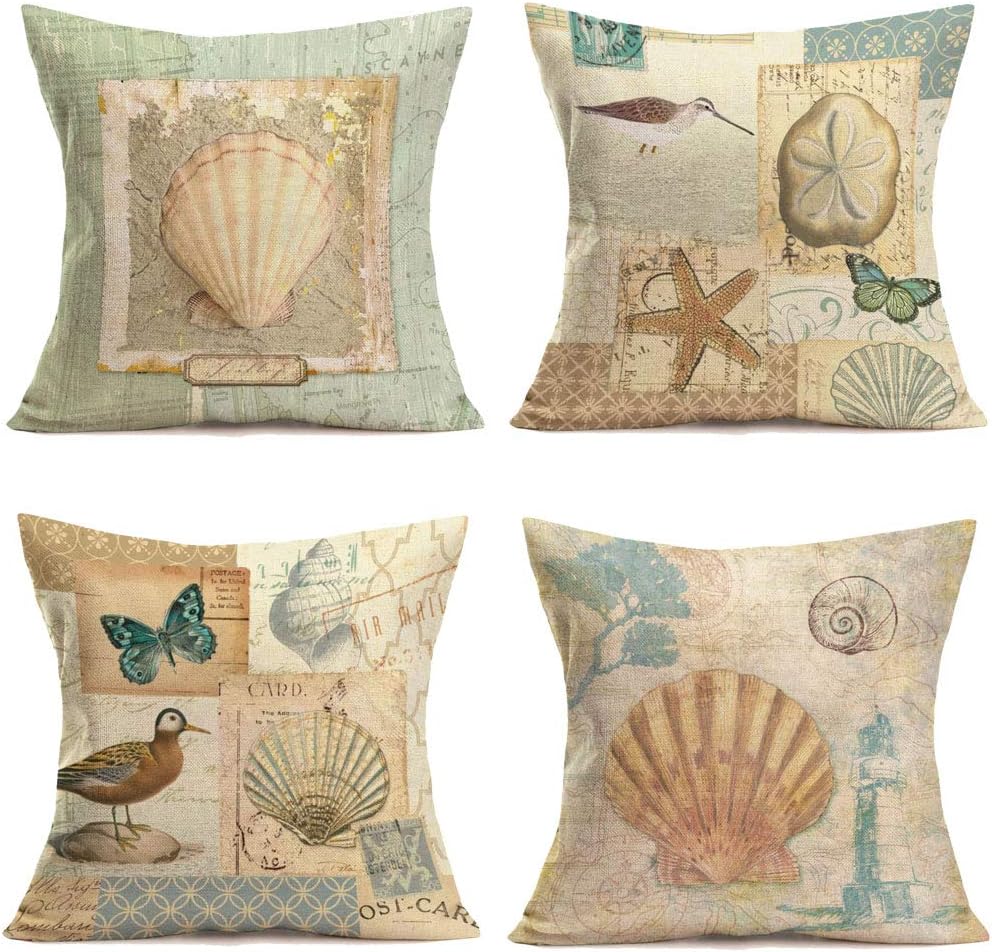 Ocean Park Theme Cotton Linen Throw Pillow Case Cushion Cover 18 x 18 Starfish, Shell, Conch & Birds Home Couch Sofa Decor Pack of 4 (18 x 1 8 Inch, Set of 4) (Set of 4)