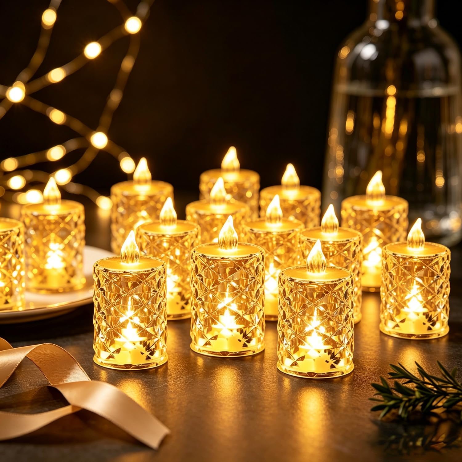 4-12 pcs Realistic and Bright Battery Operated Flameless LED Tea Lights Candles,Crystal Electric Fake Candles for Halloween Valentine's Day Weddings Christmas Party Festivals Decoration in Warm Yellow