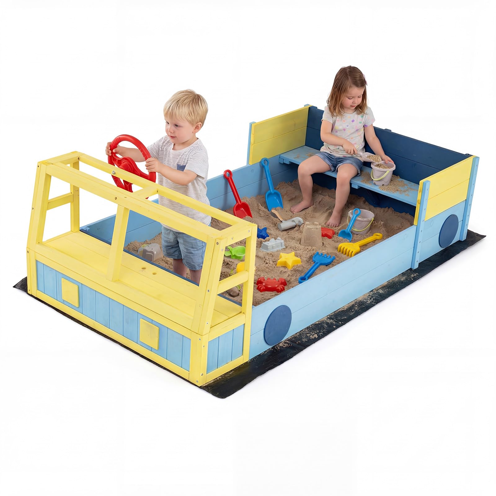 COSTWAY Children's Spruce Wood Sandbox, Children's Car Shaped Sandbox, Seat Bench, Open Base and Bottom Lining, Toy Sandbox for Beach, Patio, Garden, Children 18+ Months
