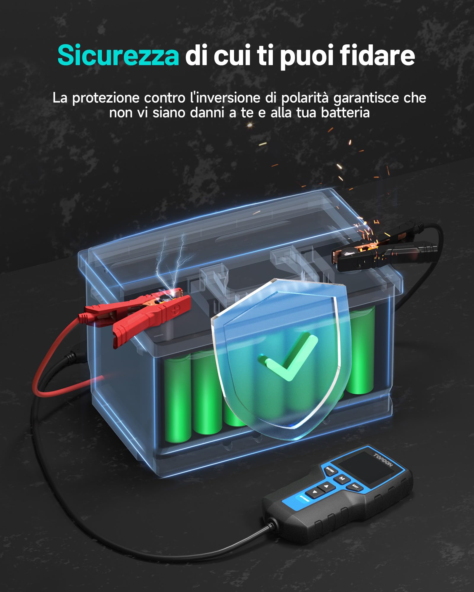 TOPDON Tester Batteria Auto BT200, 12V 24V 100-2000 CCA Tester per Batterie, con Test della Batteria, del Caricatore e dell'Accensione per Auto Moto Barche SUV e Camion, 2,4 pollici