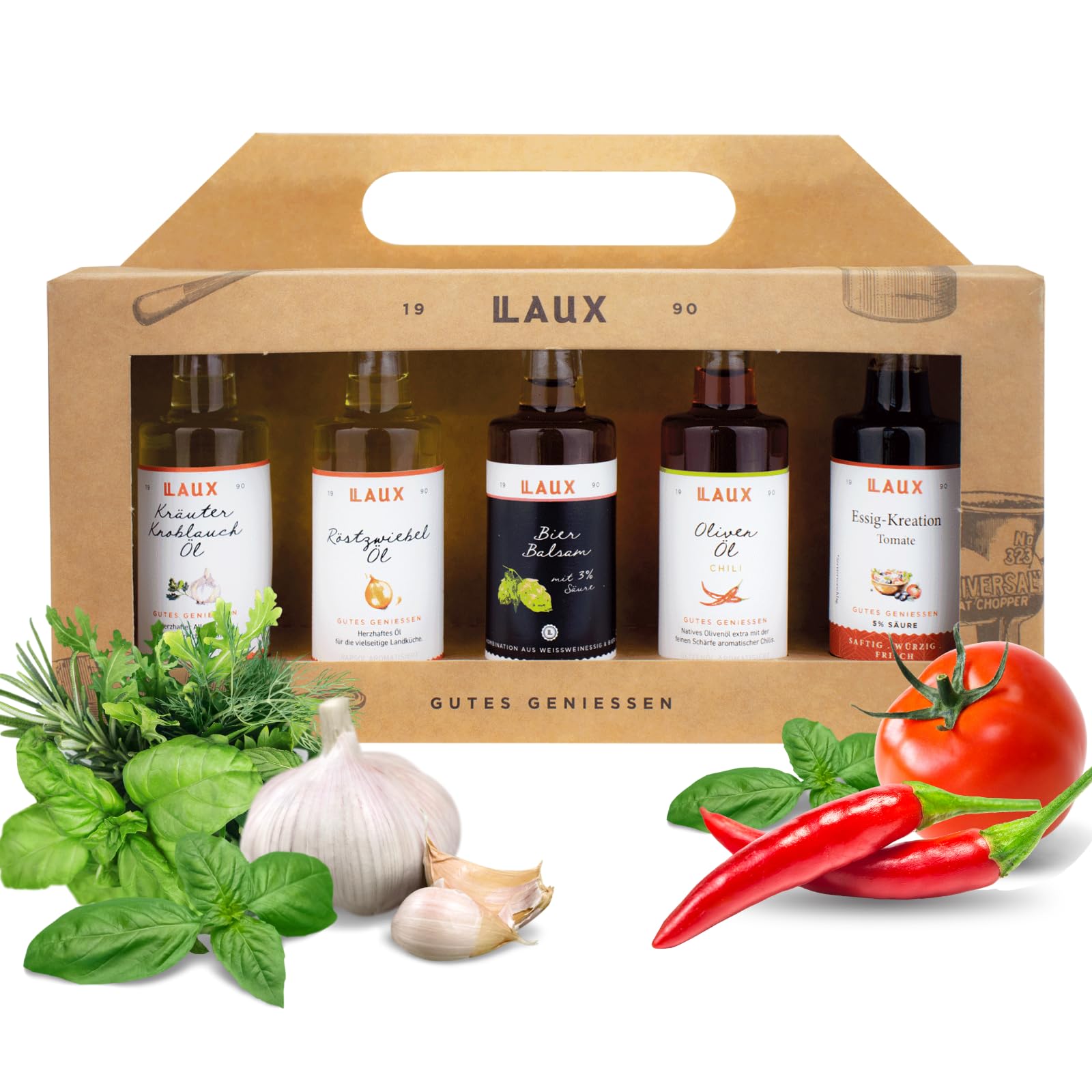 Laux BBQ Essig Öl Set - Koch Set aus 5 erlesenen Essigen & Speiseölen - Grill Zubehör - Geschenke für Frauen & Männer - Geschenk-Idee zu Ostern (5x40ml)