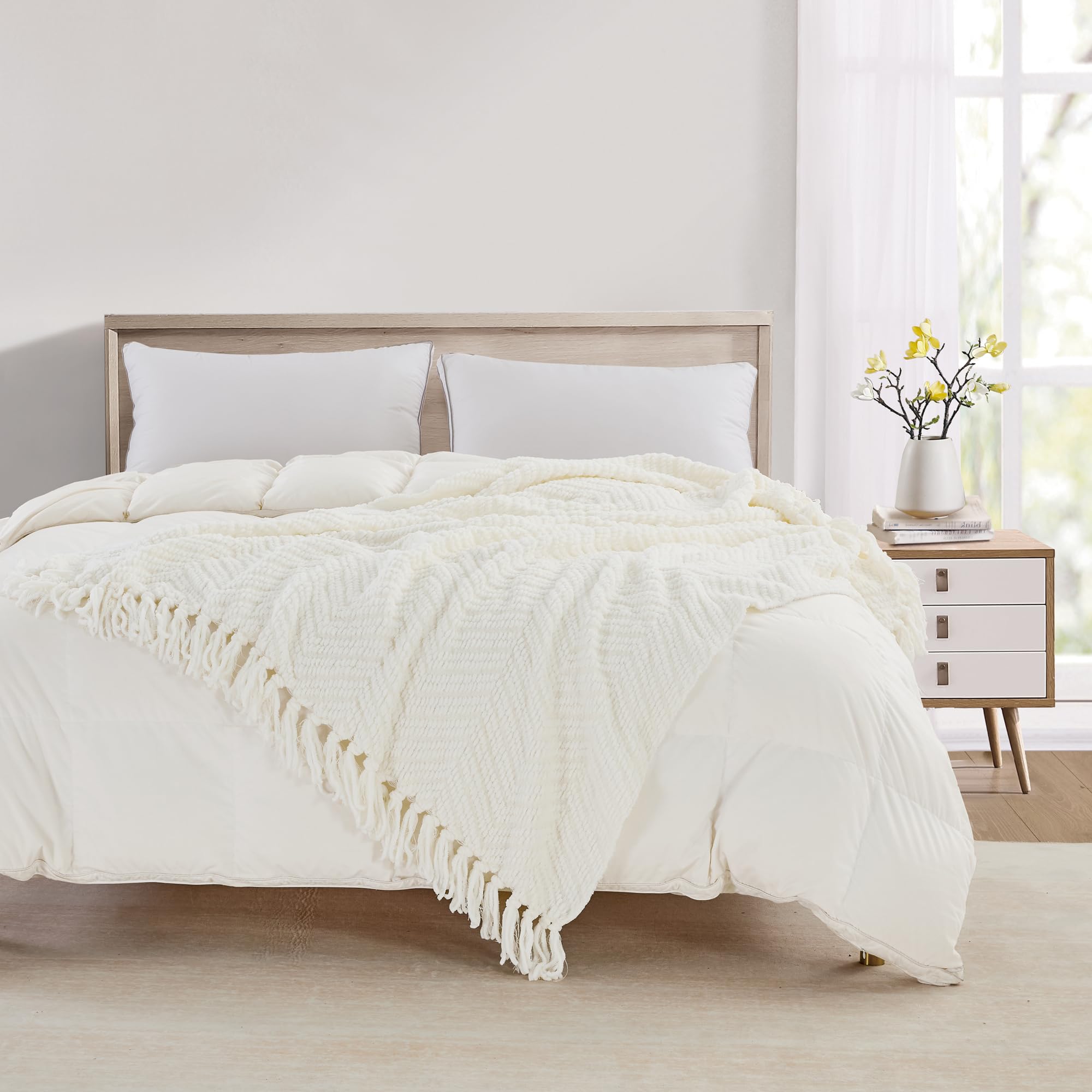 CREVENT Plaid in morbida ciniglia a nido d’ape lavorato a maglia, 127 x 152 cm, traspirante, per divano, poltrona, letto, decorazione bohémien per la casa e il soggiorno (avorio)