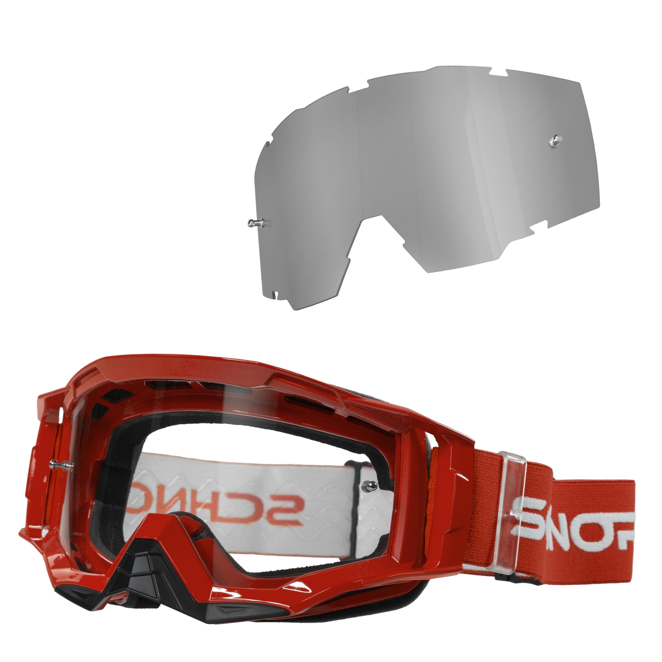 SCHNORR MX Neo Motocross Goggles Clear Lens Anti Fog Tear-Off + Vetro di ricambio Argento