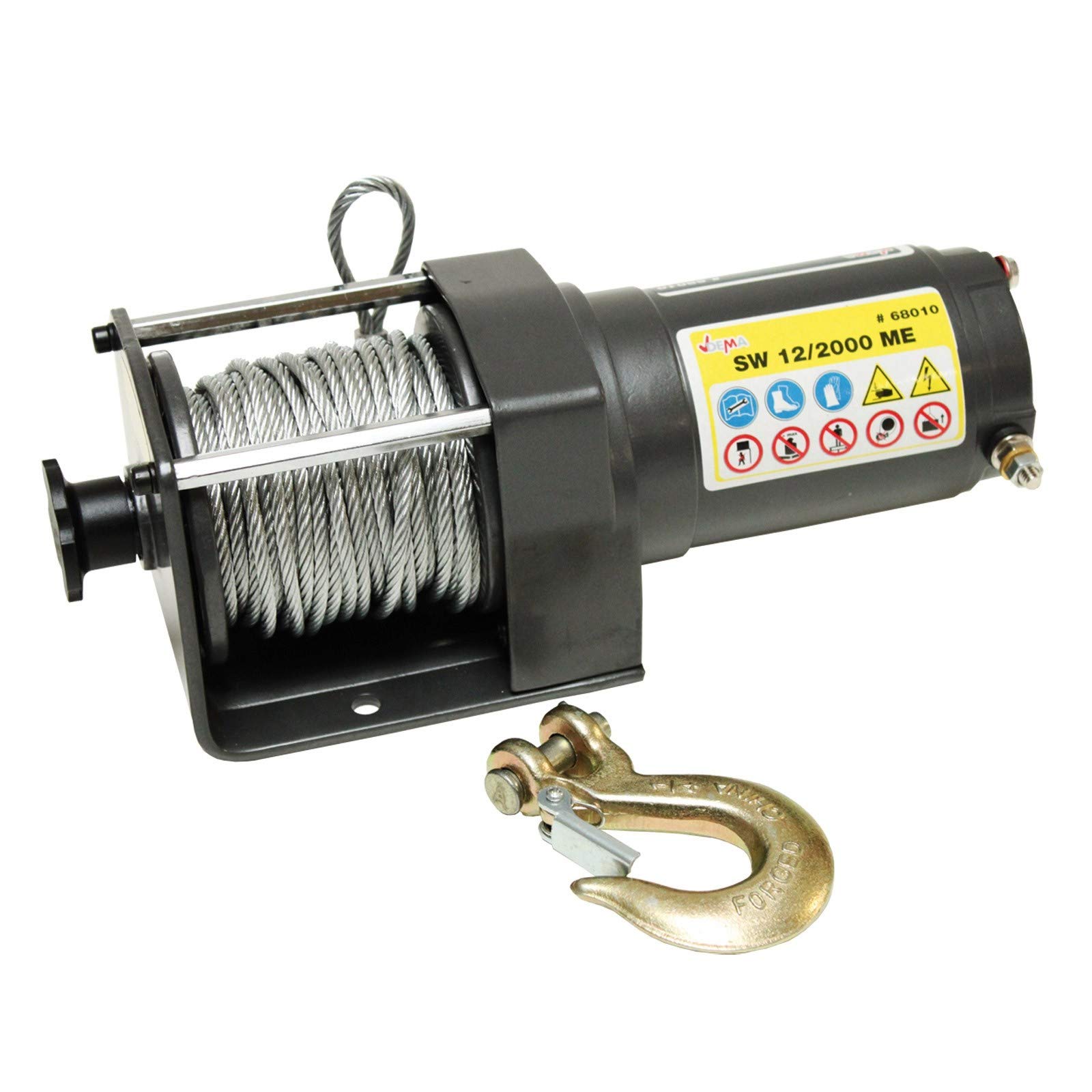 DEMA Offroad Seilwinde EW 2000 H, 12V, 15m Drahtseil, 1,8t Last, mit Fernbedienung, automatische Bremse, für Quads, ATVs, Geländewagen, inkl. Aufwickelhilfe