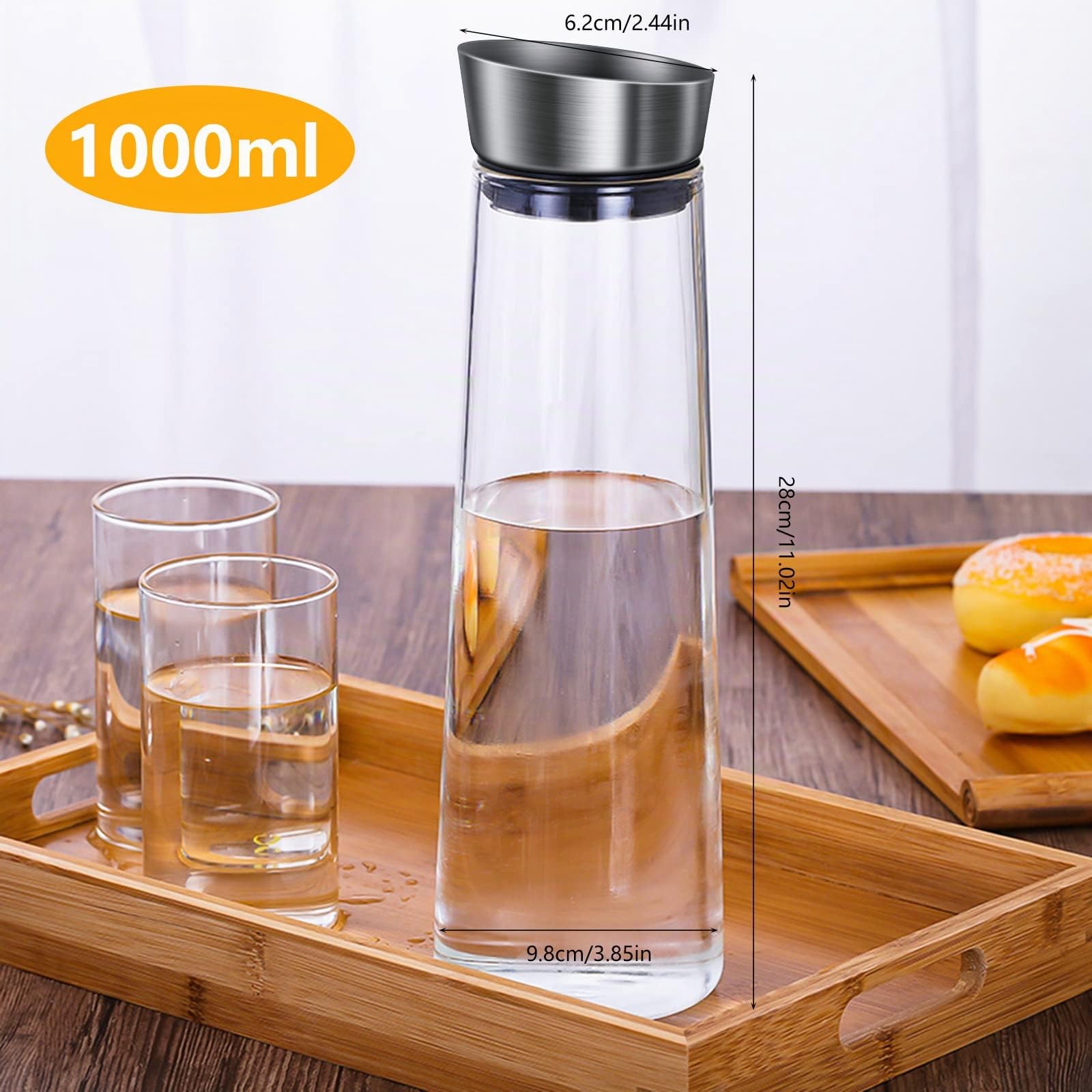 Carafe Eau, Csuntikulo Carafe en verre de 1000 ml, Cruche en Verre avec Capuchons de filtre en acier inoxydable pour Thé Glacé, Boisson, Eau Chaude, Vin, Café, Lait et Jus, Transparent