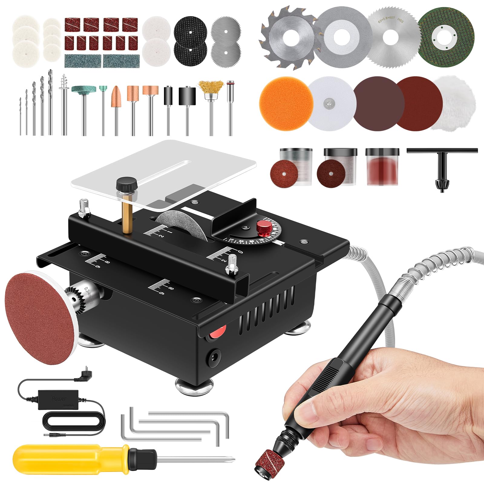 Saker Mini-Multifunktions-Tischsäge,Mini Tischsägen für das Handwerk,Tragbare MinisTisch-Elektro-Säge für das Schneiden von Holz,Geschwindigkeiten und Winkel einstellbar mit mehr Zubehör für das Schne
