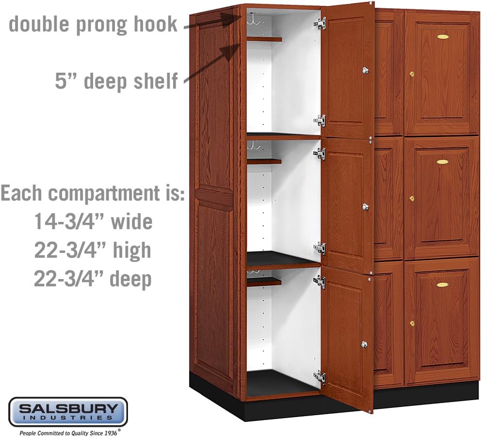 Salsbury Industries 3-Tier Solid Oak Executive Wood Locker with Three Wide Storage Units, 6-Feet High by 24-Inch Deep, Medium Oak