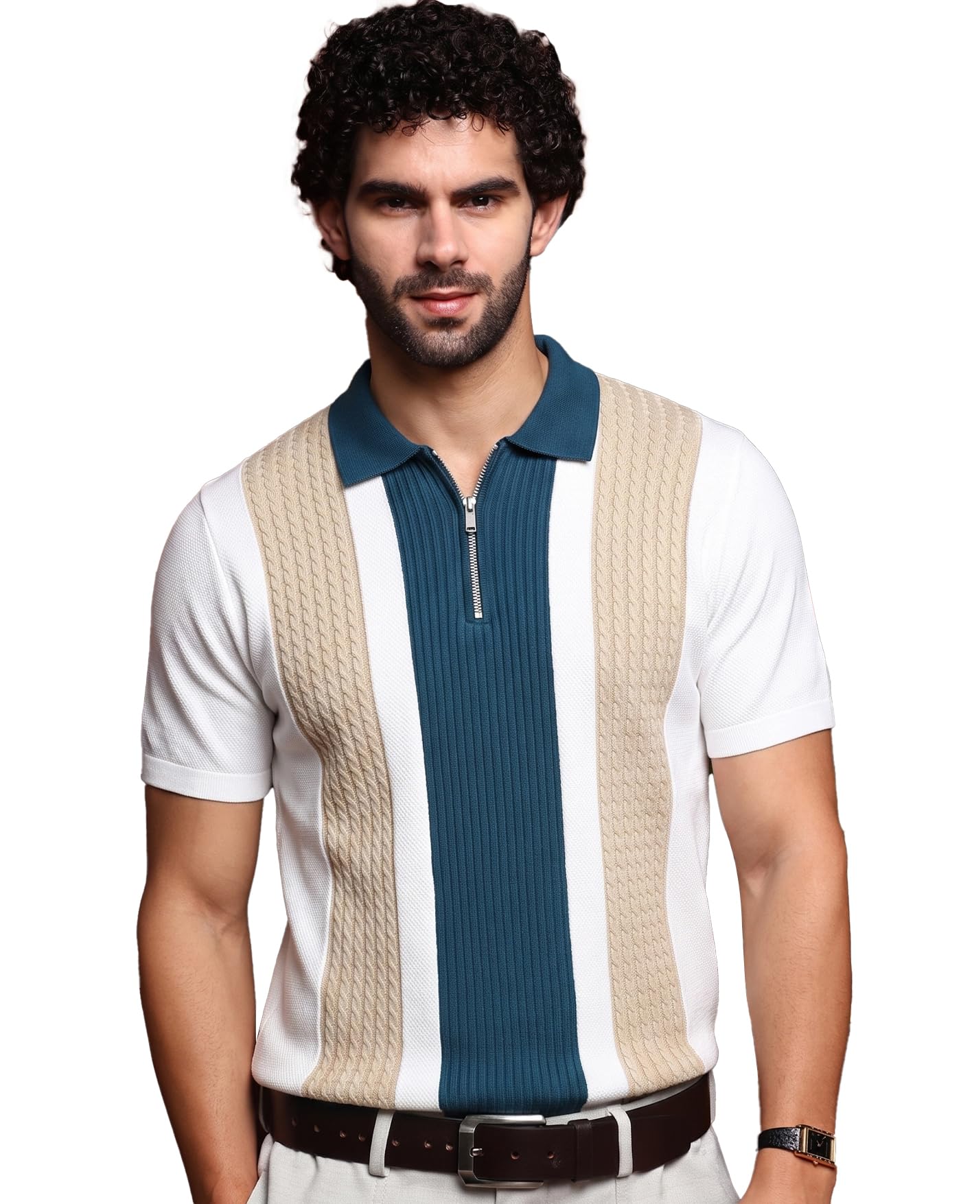 GoSriKi Men's Modern Fit Polo Tshirt | Cotton Rich Fabric | Zip Collar Tshirts | Half Sleeves | Distinct Knit Styling | Regular Fit in neutral