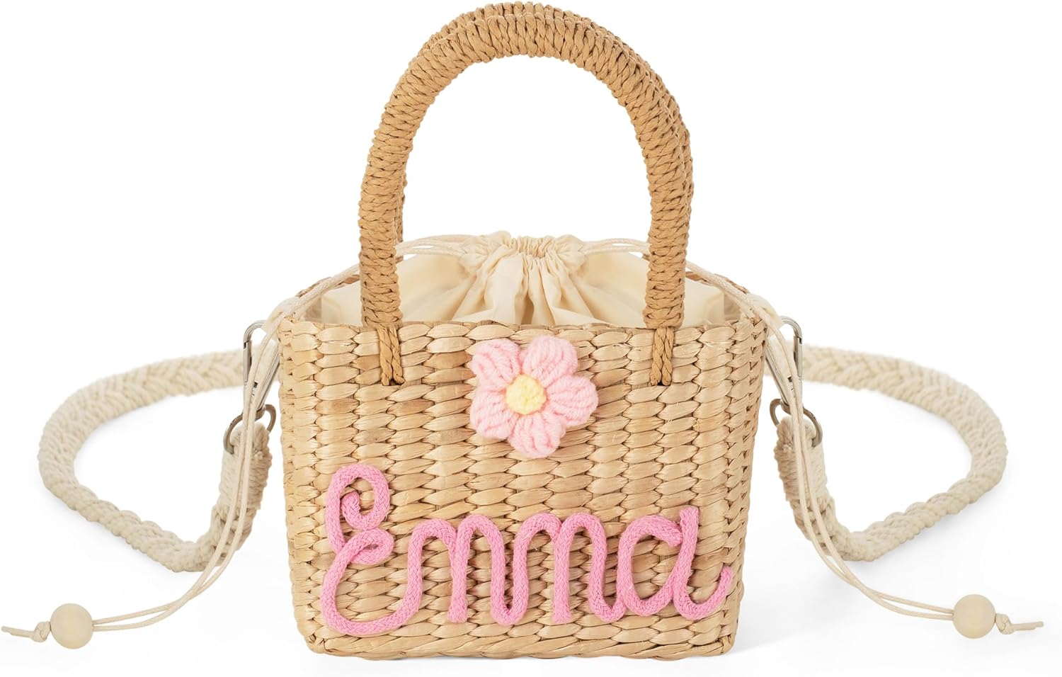 Personalized Kids Straw Crossbody Bag with Name and Flower - Girls Mini Purse for Beach and Outings, Cute Toddler Shoulder Bag with Custom Name