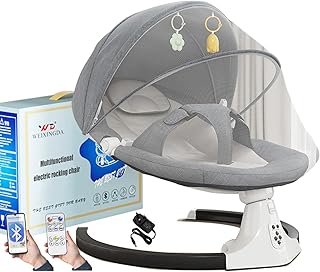 Wrneaoch Baby Swing Chair from Birth 2-in-1 Baby Swing Chair Baby Bouncer Chair with Bluetooth and Remote Control, and has 5 Swing Amplitudes and a 3-Stage Timer Suitable for Babies Aged 0-3 Years Old
