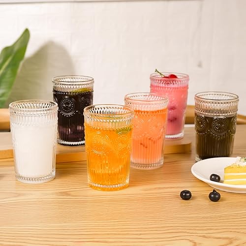 Miniatura 5 de Vasos románticos vintage de cristalería Juego de 6 vasos de cóctel de 12 onzas, vasos de agua en relieve, perfectos para café, cócteles y bebidas,