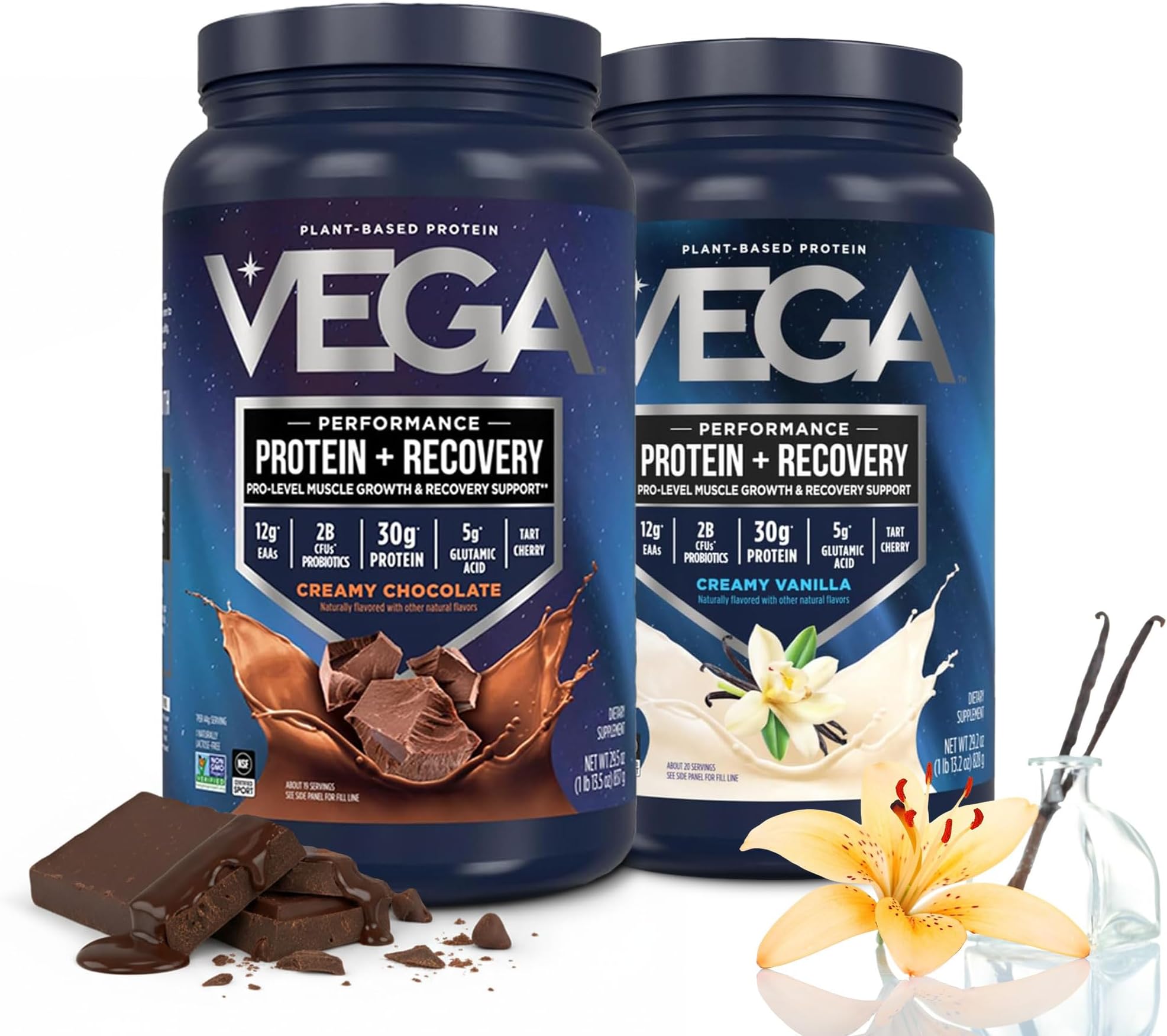 Vega Sport Premium Protein Powder + Recovery Bundle - Vanilla (20 servings) and Chocolate (19 servings) 30g Plant Based Protein, 5g BCAAs, Low Carb, Keto, Pea Protein for Women and Men
