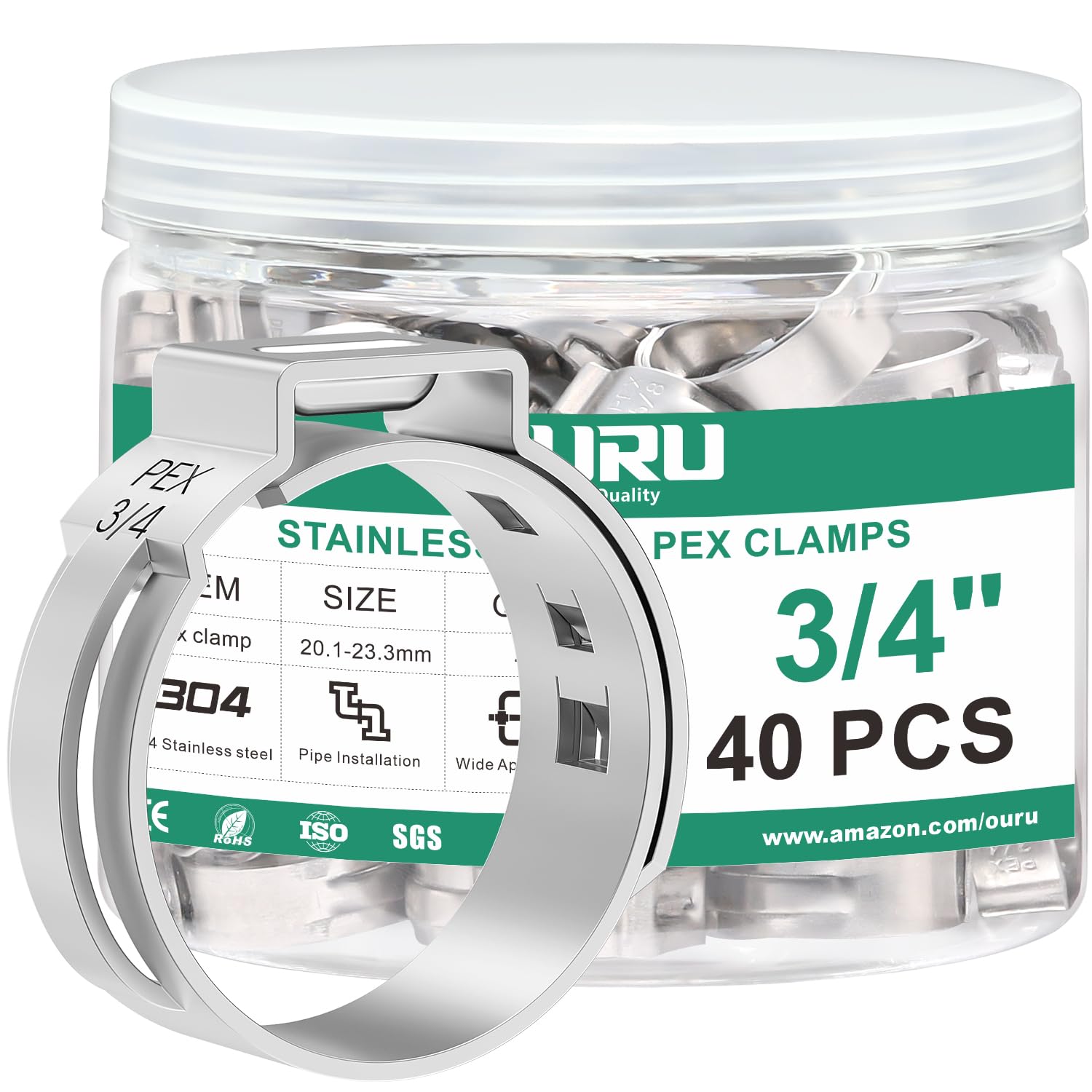 OURU 40PCS 3/4 Pex Crimp Rings, 304 Stainless Steel Pex Fittings