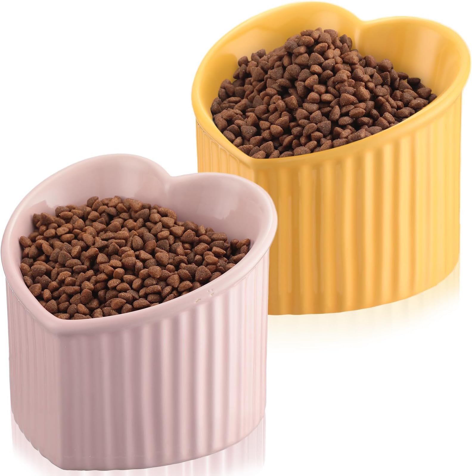 Mumufy 2 Pcs Ceramic Elevated Cat Bowls Tilted Elevated Raised Cat Bowls Anti Vomit Cat Bowls for Indoor Cats Stress Free Water Dish Feeder for Cats Puppies, Heart Shaped(Pink, Yellow)