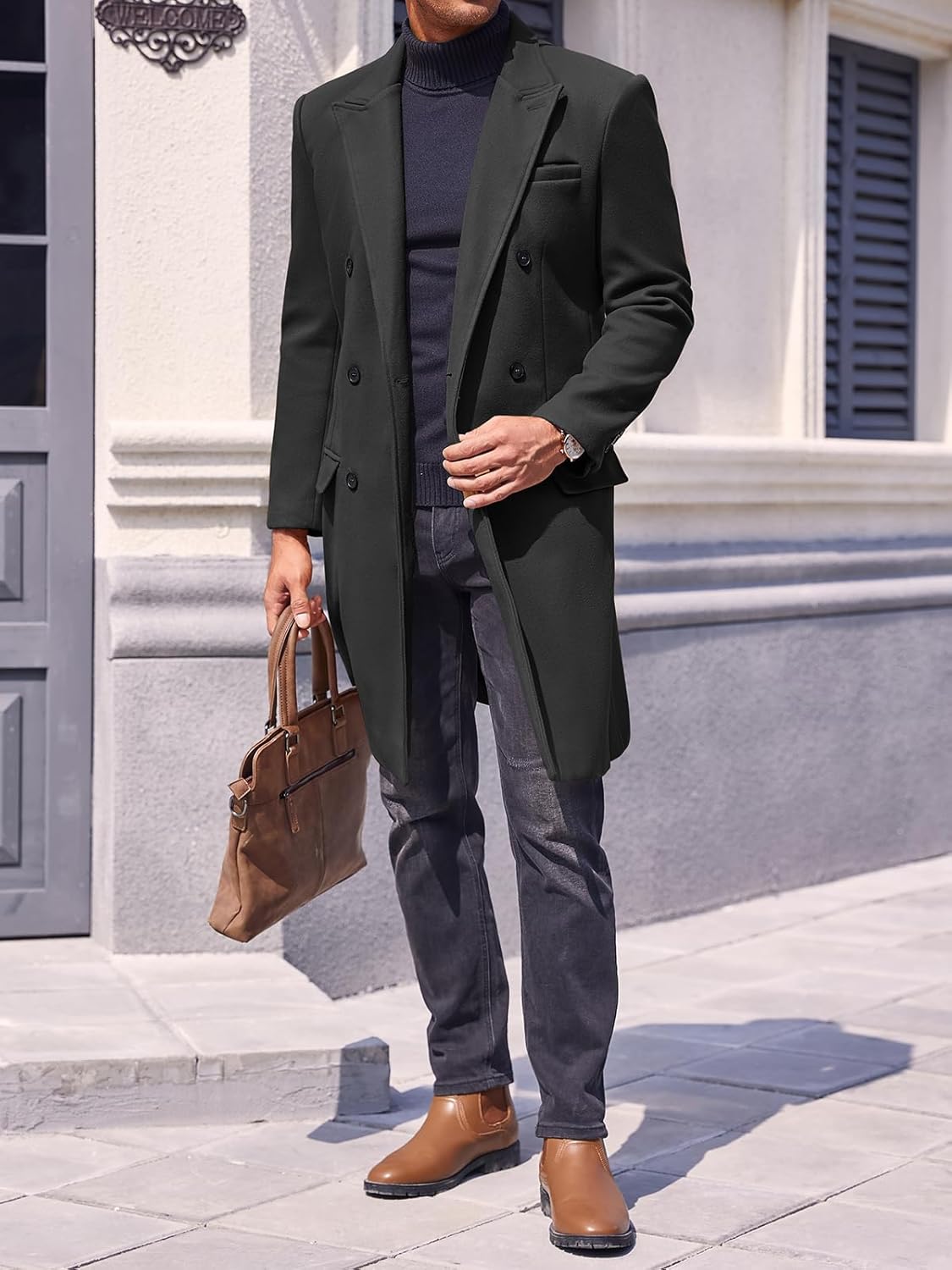 PASLTER Mens Trench Coat Mid Long Double Breasted Slim Fit Peacoat Notched Lapel Winter Business Overcoat - Image 3