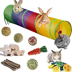 Brinquedos de coelho, túnel e tubo de esconderijo de coelho grande com brinquedos de mastigar para moer dentes, palitos de maçã, cenoura, bucha e bola de grama para coelho, porquinho-da-índia