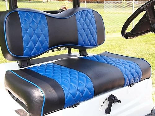 Vista 2 de Huskey - 2 fundas de asiento delantero para carrito de golf EZGO Medalist/TXT 94-13, costuras de diamante negro y azul de dos tonos con ribete azul