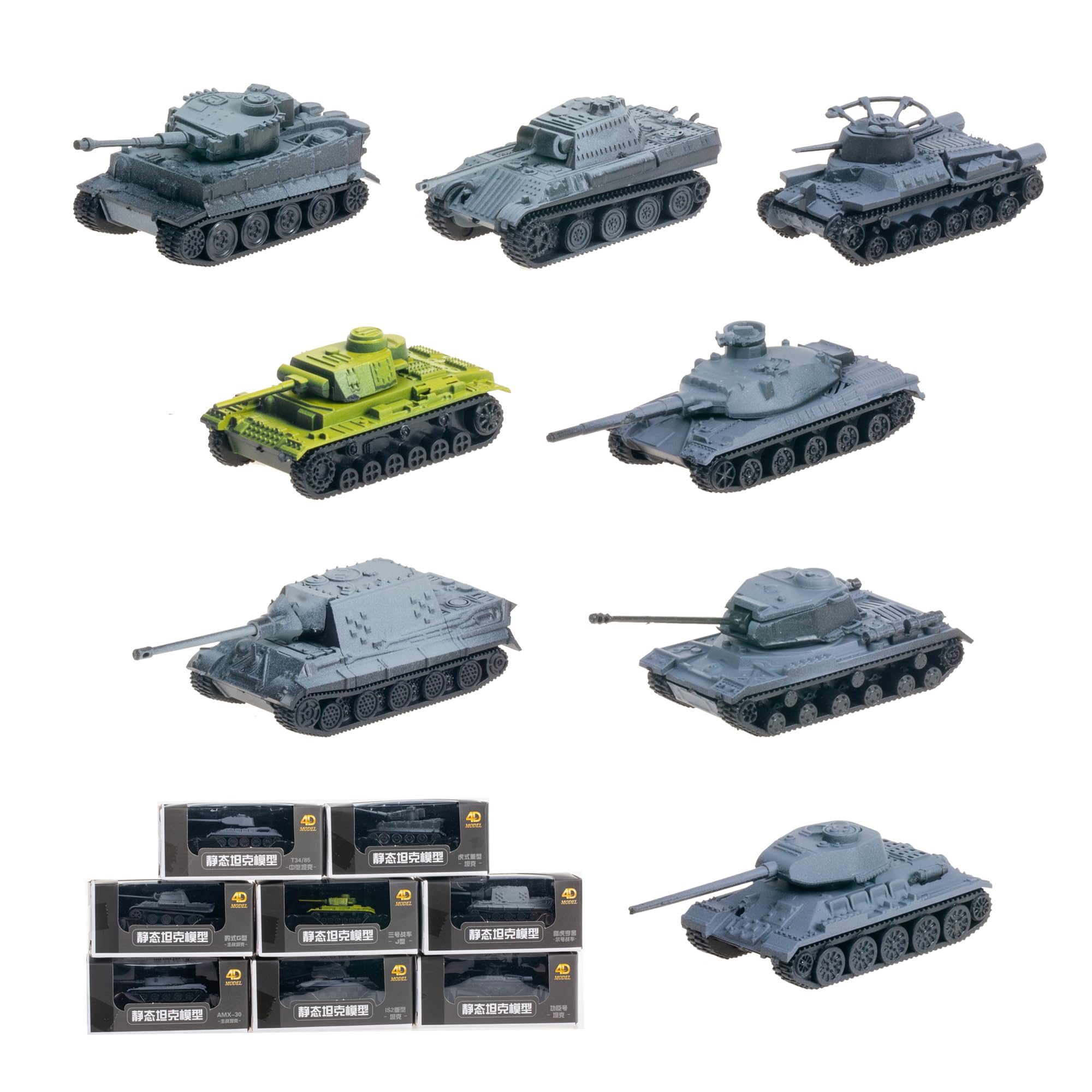 INGWETECH 8 Pcs 1:144 Tank Toy Model Set Incl. Tiger, Henschel Jagdtiger, T34, Hermann, AMX-30, Panther G, Panzer III, IS2 for Military Toy Collection