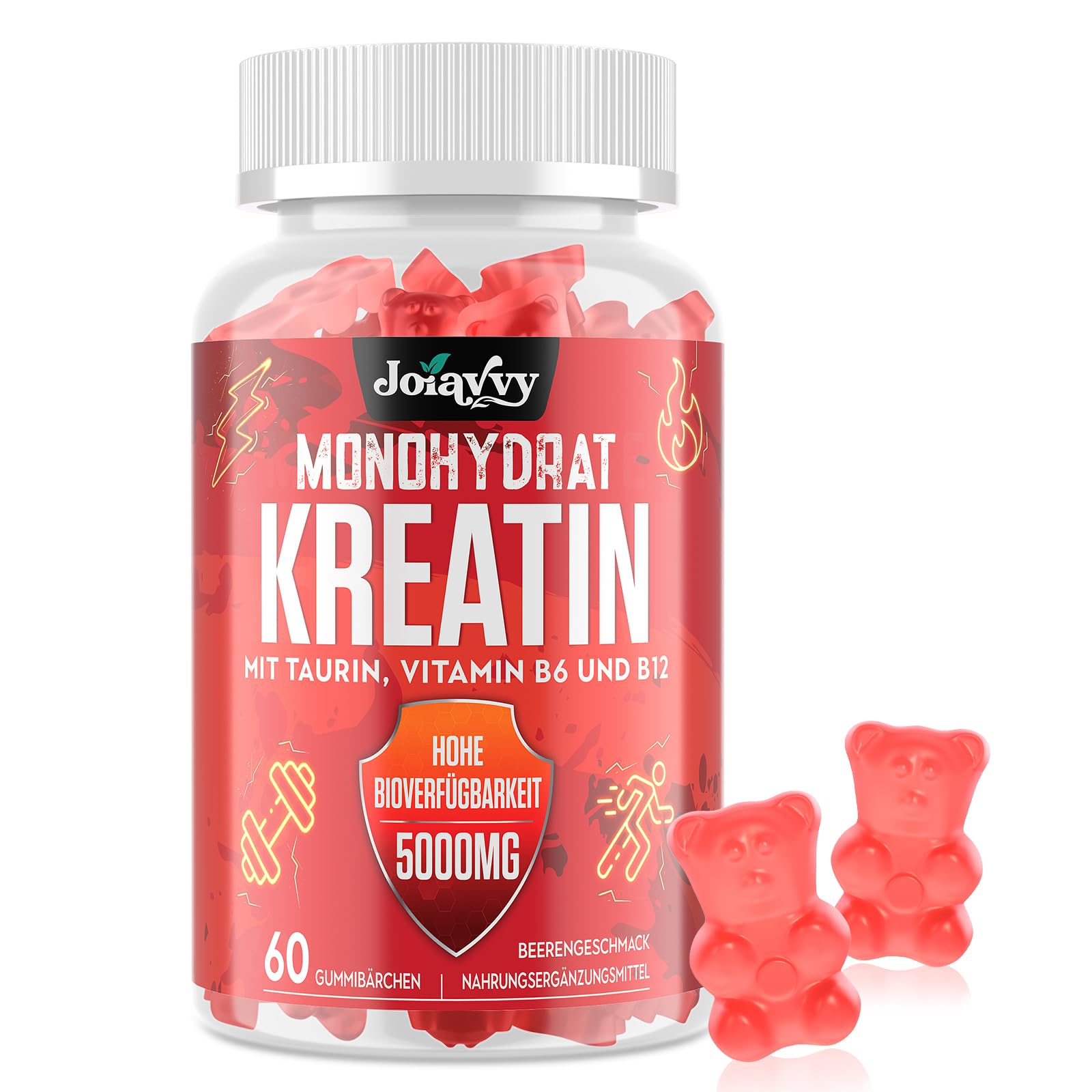 Joiavvy Creatin Monohydrat 5000mg Pro Portion, Gummibärchen für Männer und Frauen, mit Taurin, Vitamin B6 und B12, Vegan, Beerengeschmack (60 Stück (1er Pack))