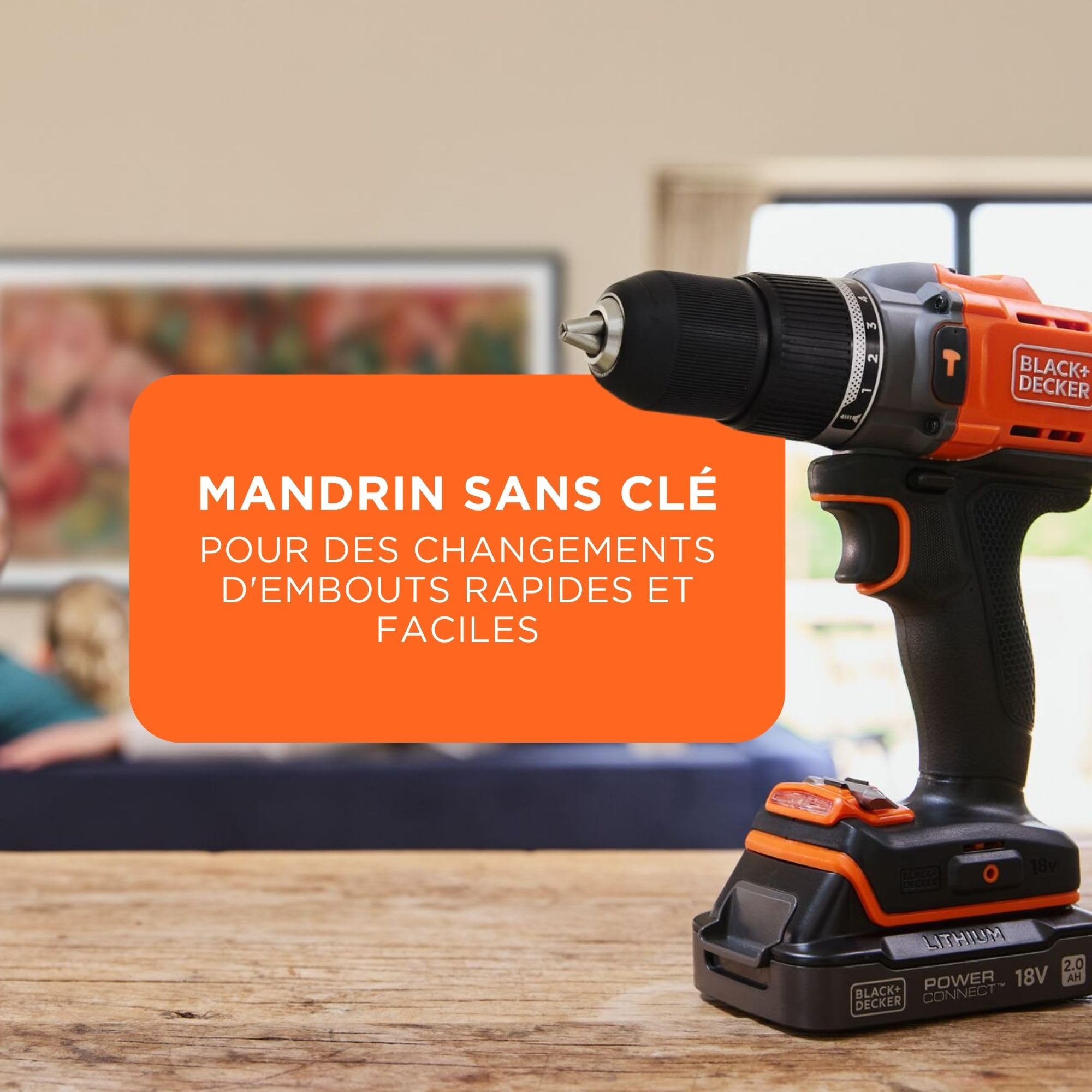 BLACK+DECKER Marteau perforateur sans fil 18V POWERCONNECT, couple 45Nm, 2 vitesses, éclairage LED, mandrin sans clé, sans batterie ni chargeur, BCD383XN-XJ