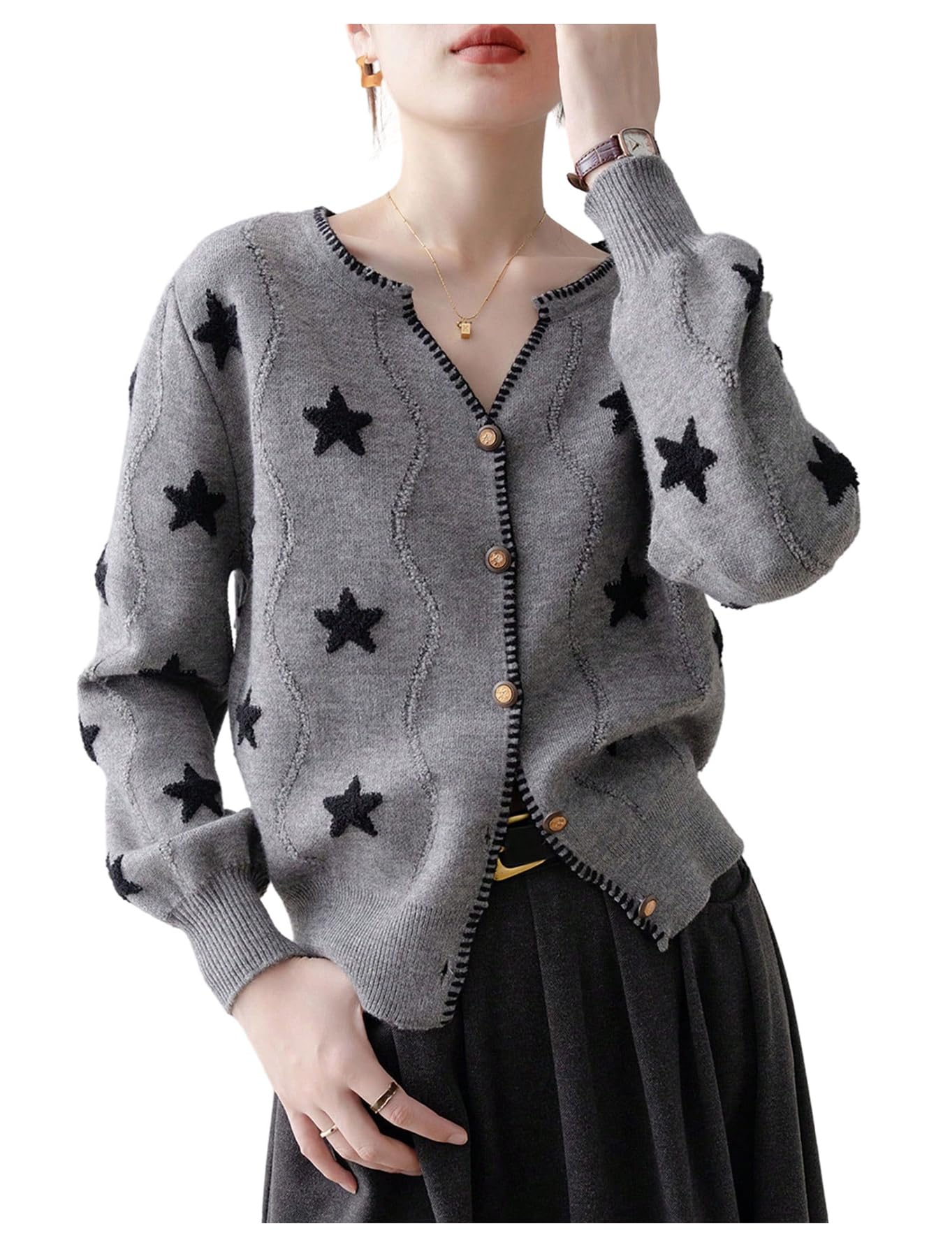 MakeMeChic Womens Star Cardigan Sweater Button Up V Neck Long Sleeve Knit Tops