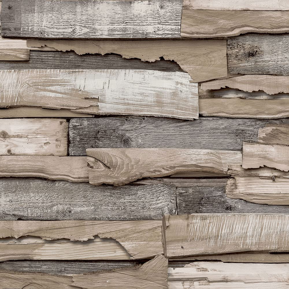 Grandeco Malay Natural Planked Wood Effect Wallpaper - Light Brown Textured Vinyl