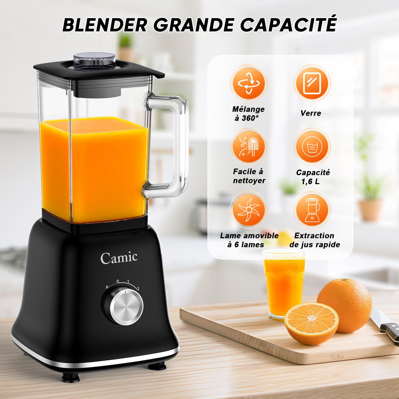 Camic blender mixeur 1200 W Mixeur Multifonction 3 en 1 avec Récipient en Verre de 1,6 L, mug de Voyage de 400 ml et Gobelet de Broyage de 200 ml, Mixeur à Impulsion/2 Vitesses