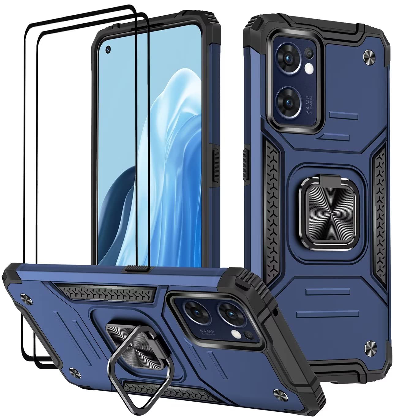 GOKEN Cover Per Oppo Find X5 Lite - Custodia Ibrida TPU/PC Con Anello Magnetico 360° E Supporto Auto, Antiurto, Militare, Blu