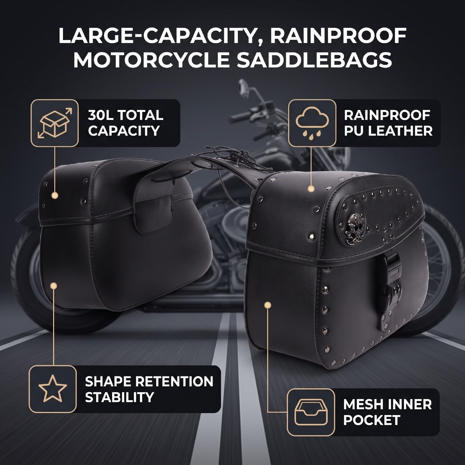 Yctze Borse Laterali Moto, 30L Grande capacità, Pelle PU Impermeabile, per | Compatibilità Universale per V STAR 250, Nightster Special, Breakout e Shadow Aero. Borse Laterali Nere con Cinghie