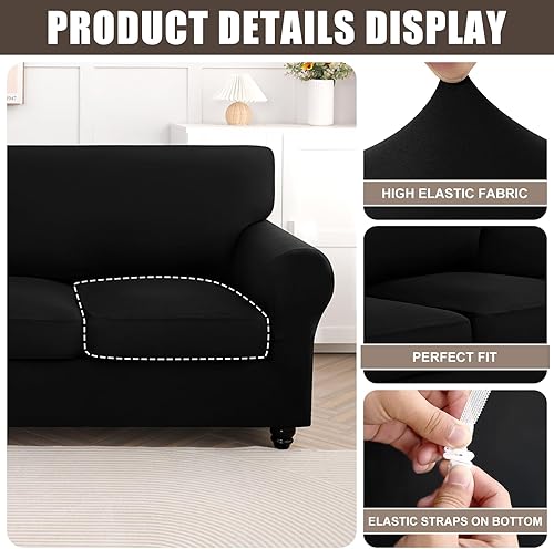 Miniatura 2 de SearchI Funda elástica para sofá, funda de sofá de 3 piezas con 2 fundas de cojín separadas, protector de muebles lavable para sala de estar (sofá