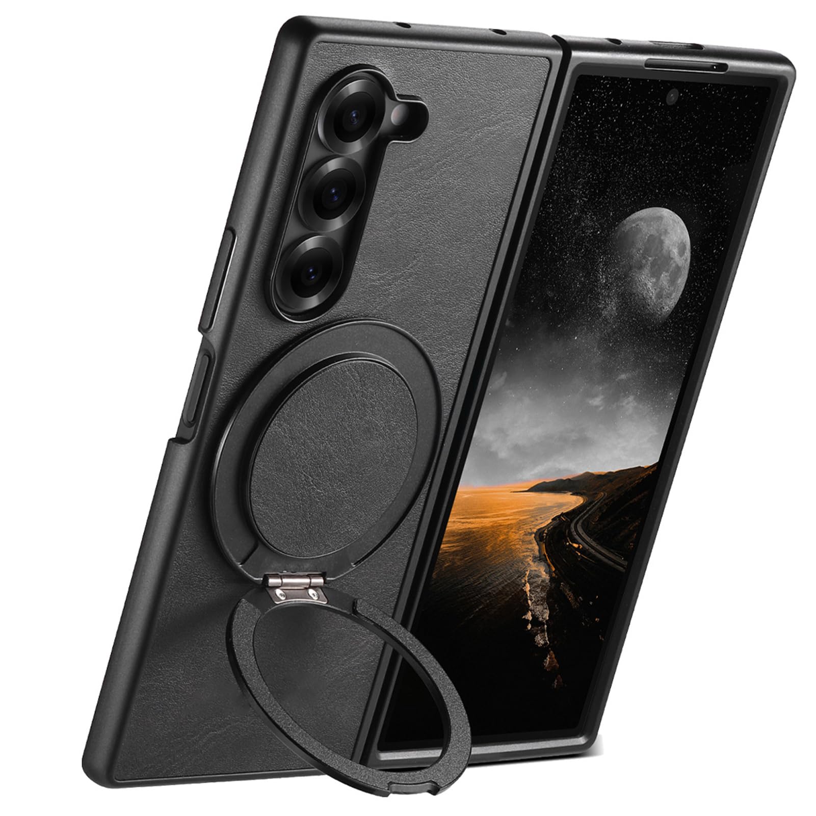 Magnetica Caso Per Samsung Galaxy Z Fold 8 Ultra, Rotazione a 360° Anello | Minimalista Cover In Pelle Protezione Staffa Invisibile Anti-Caduta Anti Ingiallimento Guscio,Nero,Fold 8 Ultra