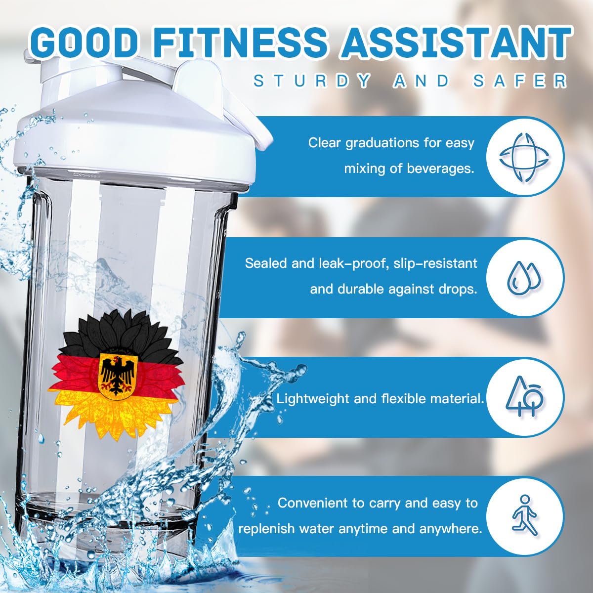 Vintage Sunflower Germany German Flag 18 Ounce Shaker Cup,Fashion Theme Pattern Shaker Bottle Leak-proof Workout Shake Bottles 500ML/18 oz Perfect for Pre Workout White 0
