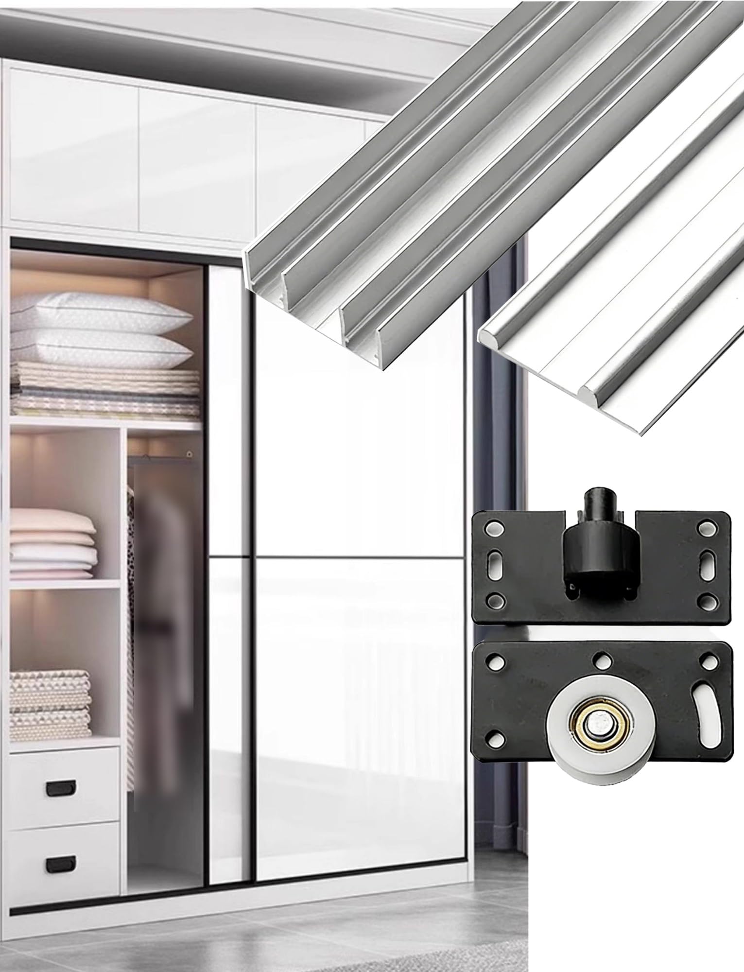 Sistema de riel para puerta corredera de armario, poleas de carga de 66 libras, corredera de doble riel para un funcionamiento suave, rieles superiores e inferiores para armarios y puertas