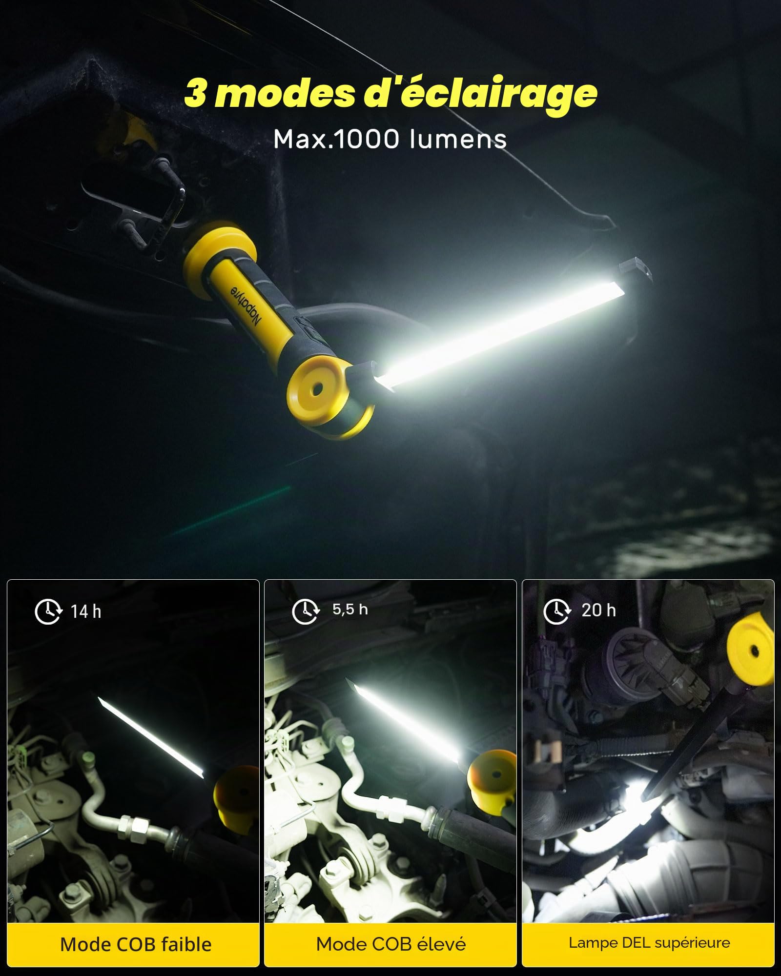 Lampe de Travail, 4000mAh Baladeuse LED Rechargeable avec Base Magnétique, Rotation à 120° Lampe Atelier, 3 Modes Lampe de Poche pour Réparation Auto/Camping/Urgence (2 Pièce)
